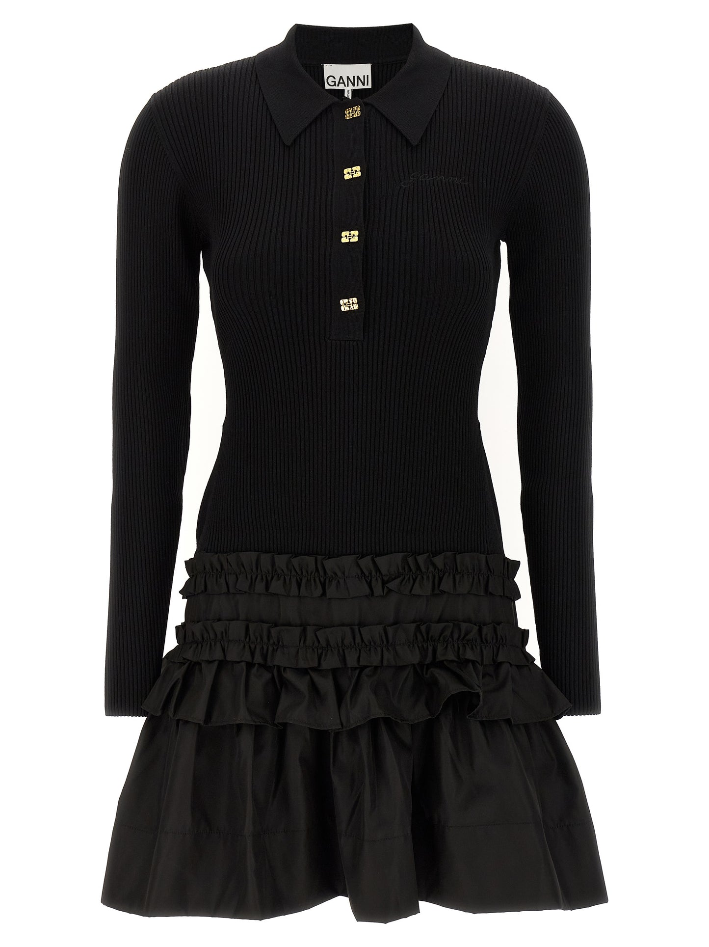 Dress by Ganni for women in stretch nylon viscose black features an cute silhouette, detailed with a and that elegantly flows into a cute short mini.