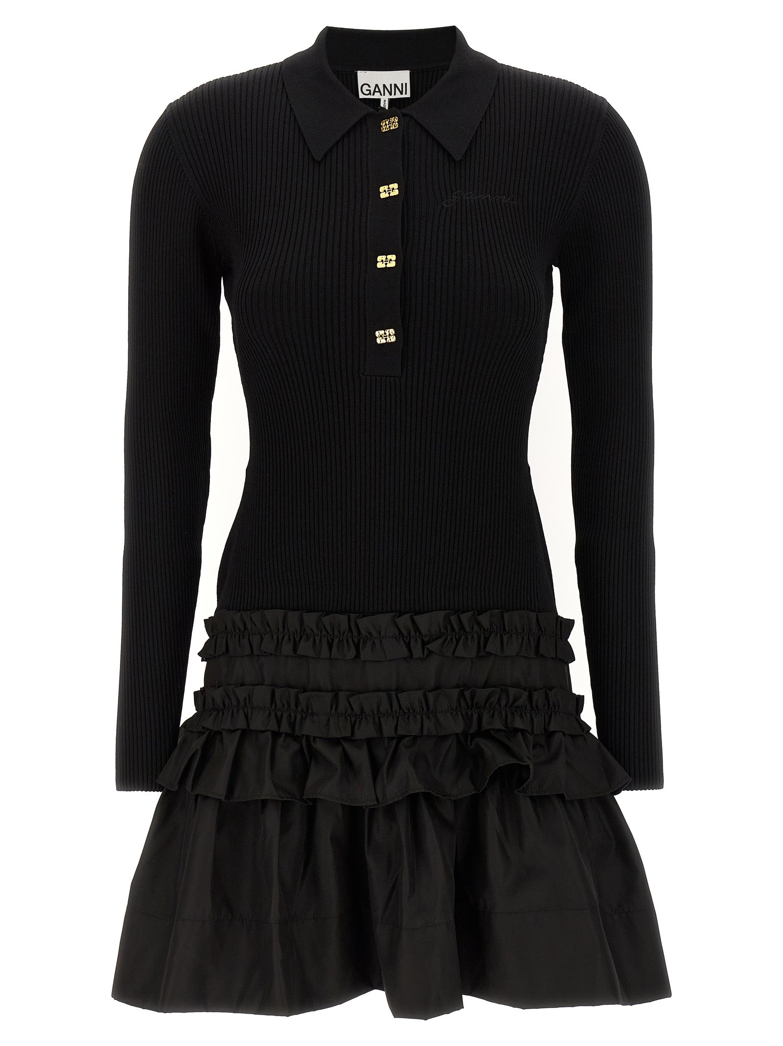 Dress by Ganni for women in stretch nylon viscose black features an cute silhouette, detailed with a and that elegantly flows into a cute short mini.