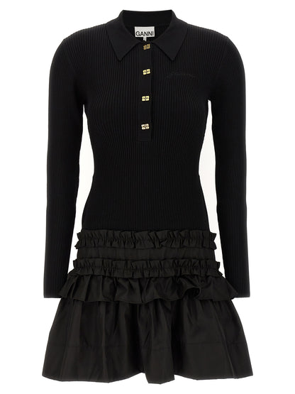 Dress by Ganni for women in stretch nylon viscose black features an cute silhouette, detailed with a and that elegantly flows into a cute short mini.