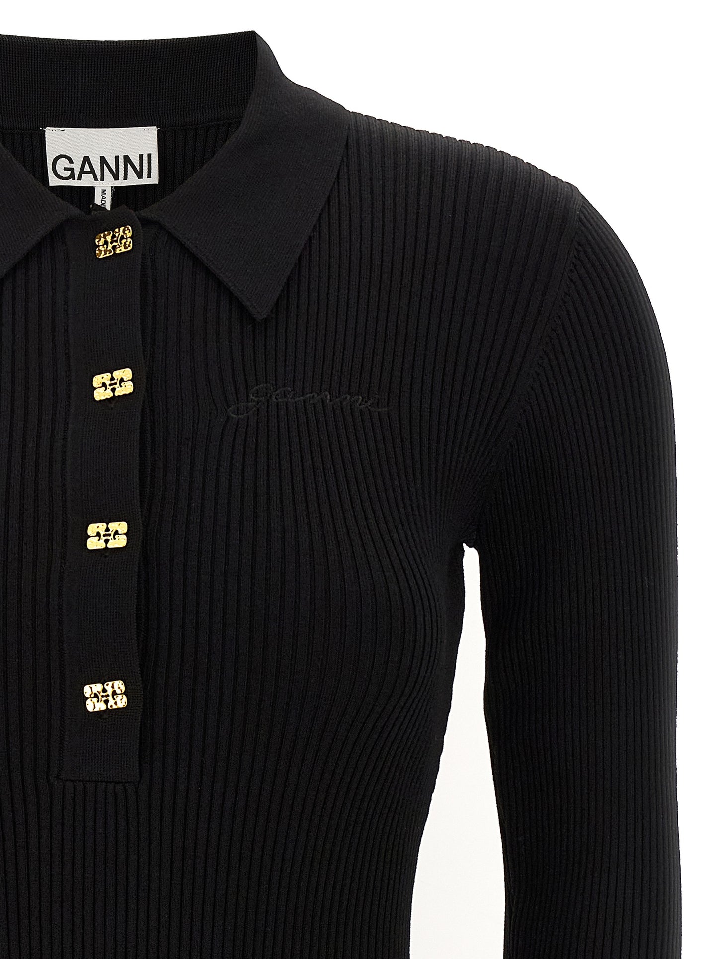 Dress by Ganni for women in stretch nylon viscose black features a dramatic silhouette, showcasing an elegant and that flows into a dramatic short mini.