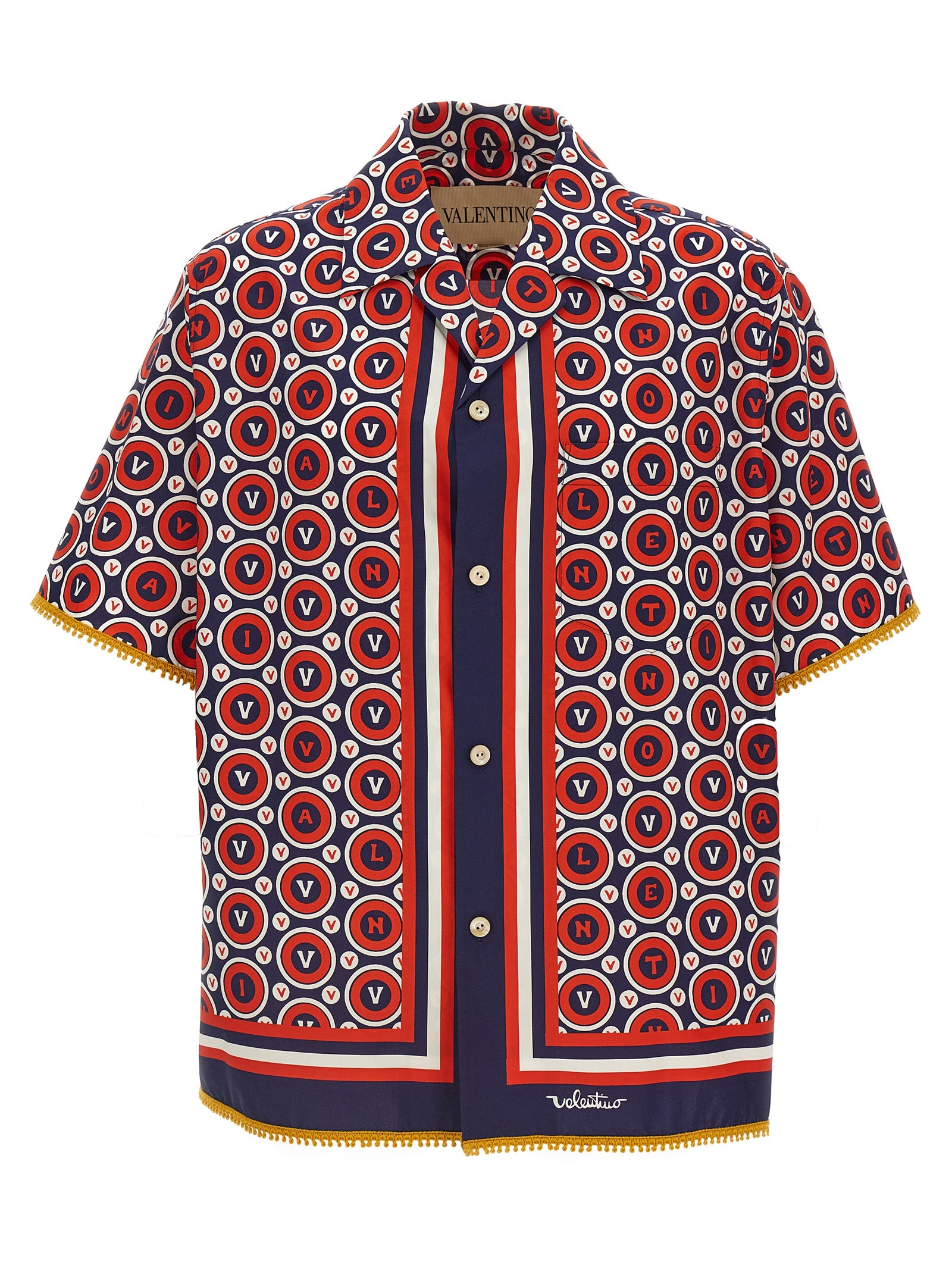 Shirt by Valentino Garavani for men in cotton multicolor & patterned presents a discerning silhouette, showcasing a sophisticated v-neck lapel neckline and short-sleeve for a truly discerning finish.
