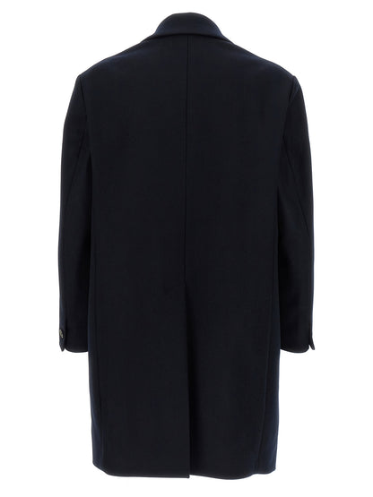 Overcoat by BARENA for men in polyamide wool blue showcases a enveloping silhouette, detailed with distinctive and a enveloping v-neck neckline.