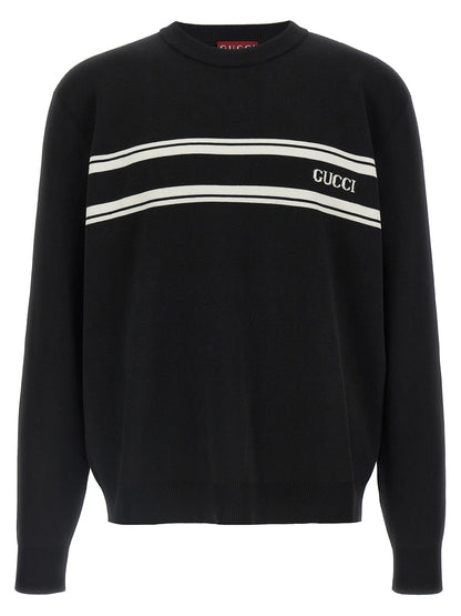 Cardigan by Gucci for men in wool bicolour, black & white showcases a captivating silhouette, artfully detailed with a captivating and round neckline for a truly sophisticated captivating look.