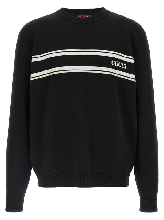 Cardigan by Gucci for men in wool bicolour, black & white showcases a captivating silhouette, artfully detailed with a captivating and round neckline for a truly sophisticated captivating look.