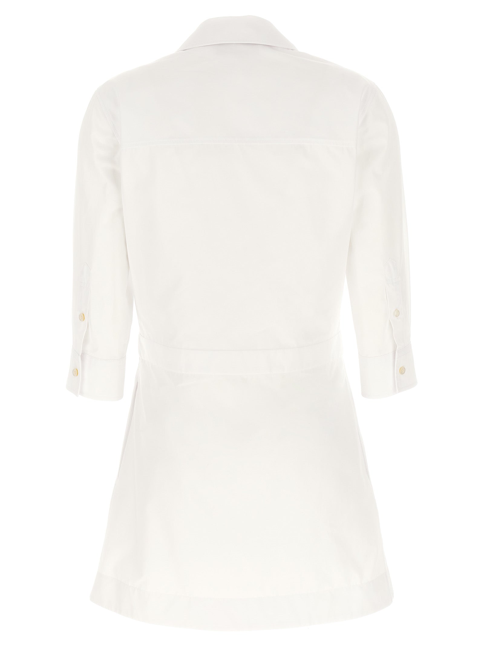 Dress by Gucci for women in cotton white presents a sinuous silhouette, showcasing a sophisticated and detailed with a sinuous short mini for a refined finish.