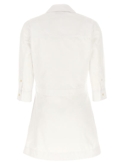 Dress by Gucci for women in cotton white presents a sinuous silhouette, showcasing a sophisticated and detailed with a sinuous short mini for a refined finish.
