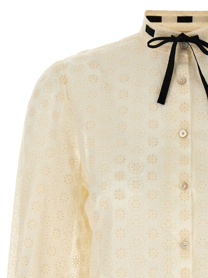 Blouse by Valentino Garavani for women in cotton & rhinestone white & patterned features an architectural silhouette with a refined and elegant mandarin neckline for a architectural look.