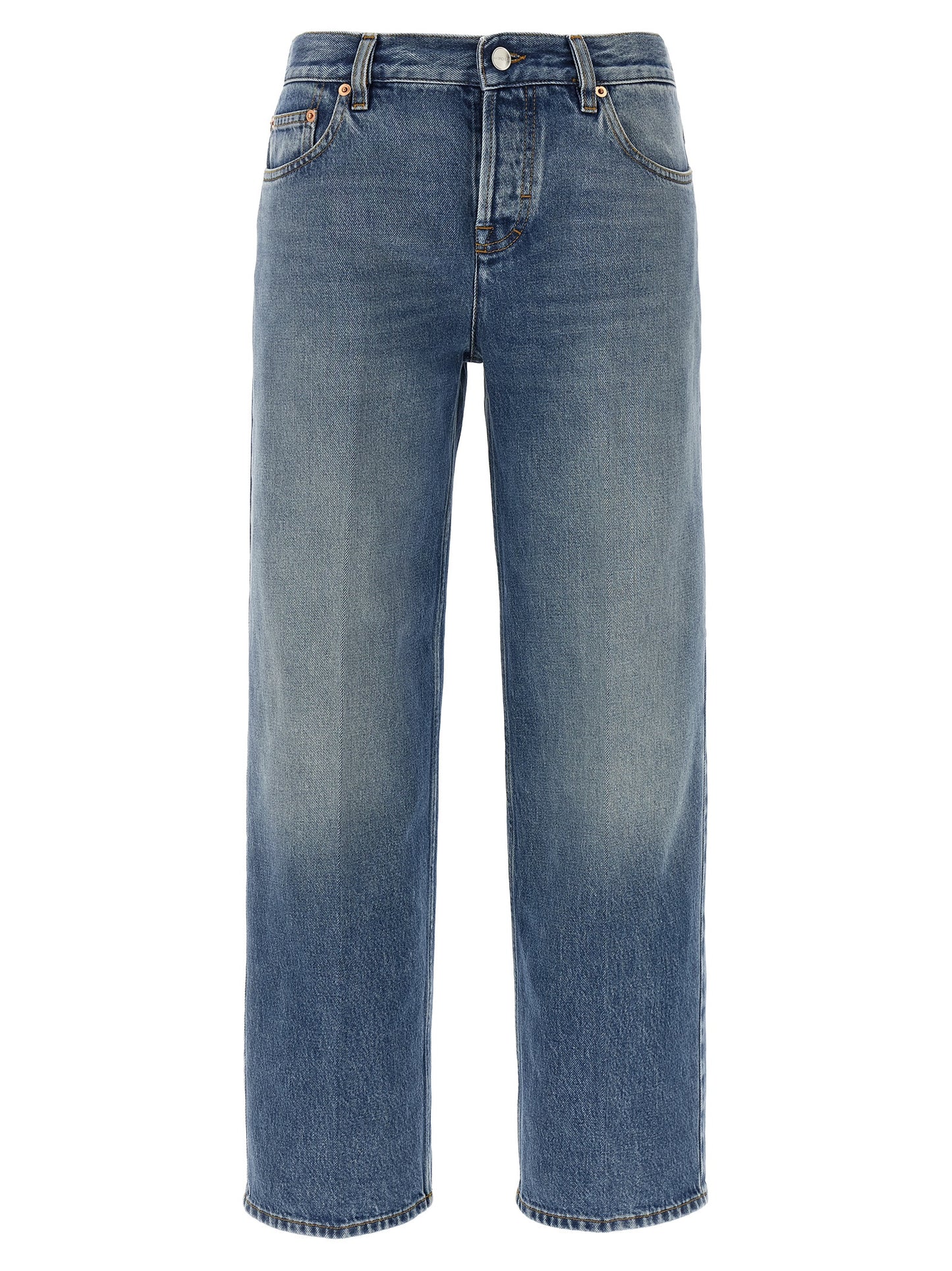 Jeans by Gucci for women in denim cotton light-blue, red & signature features an sartorial straight-leg and long with a cut for a sartorial finish.