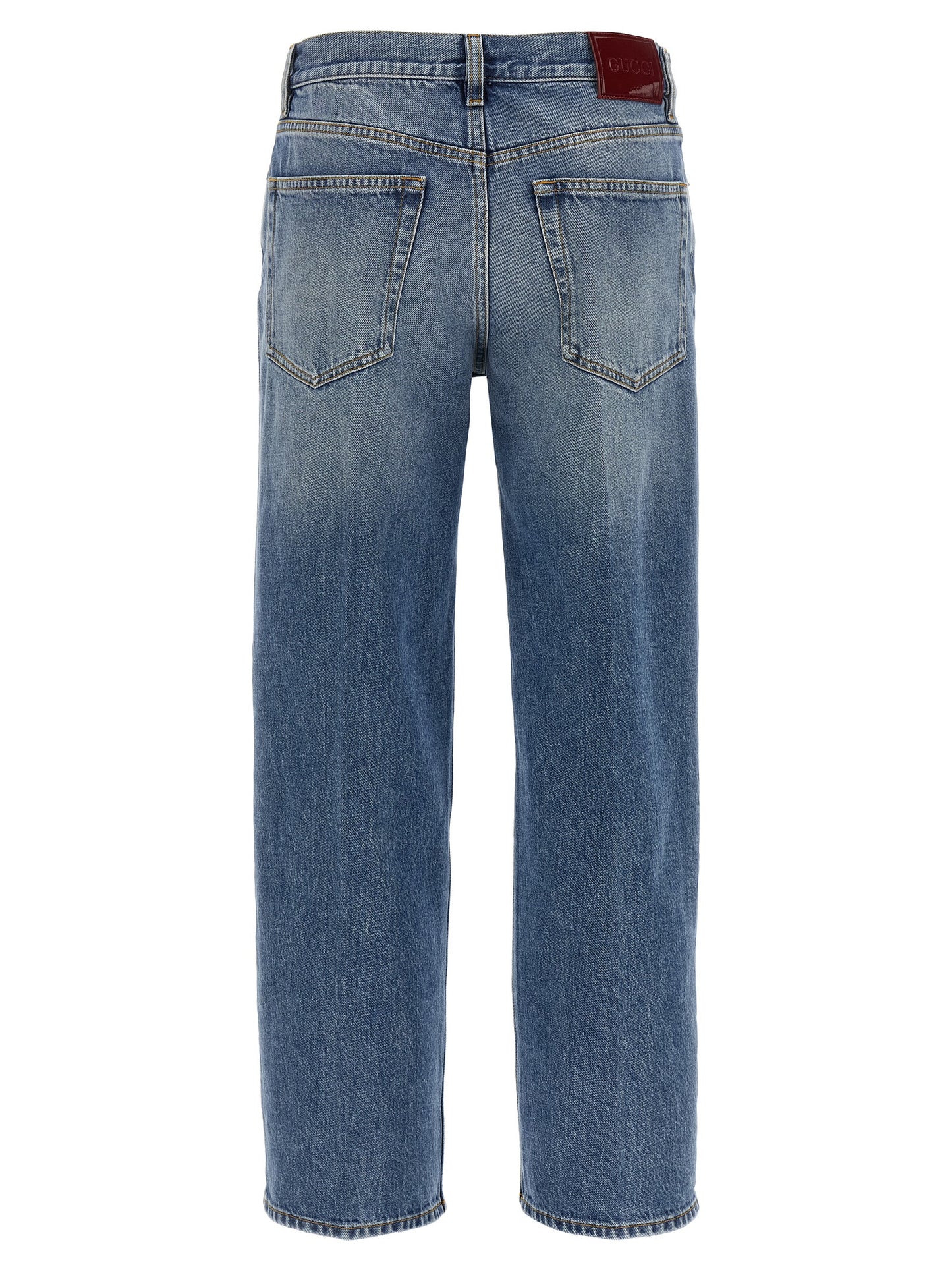 Jeans by Gucci for women in denim cotton light-blue, red & signature presents a refined pantology silhouette, artfully defined by a refined pantology straight-leg, long, and a sophisticated .