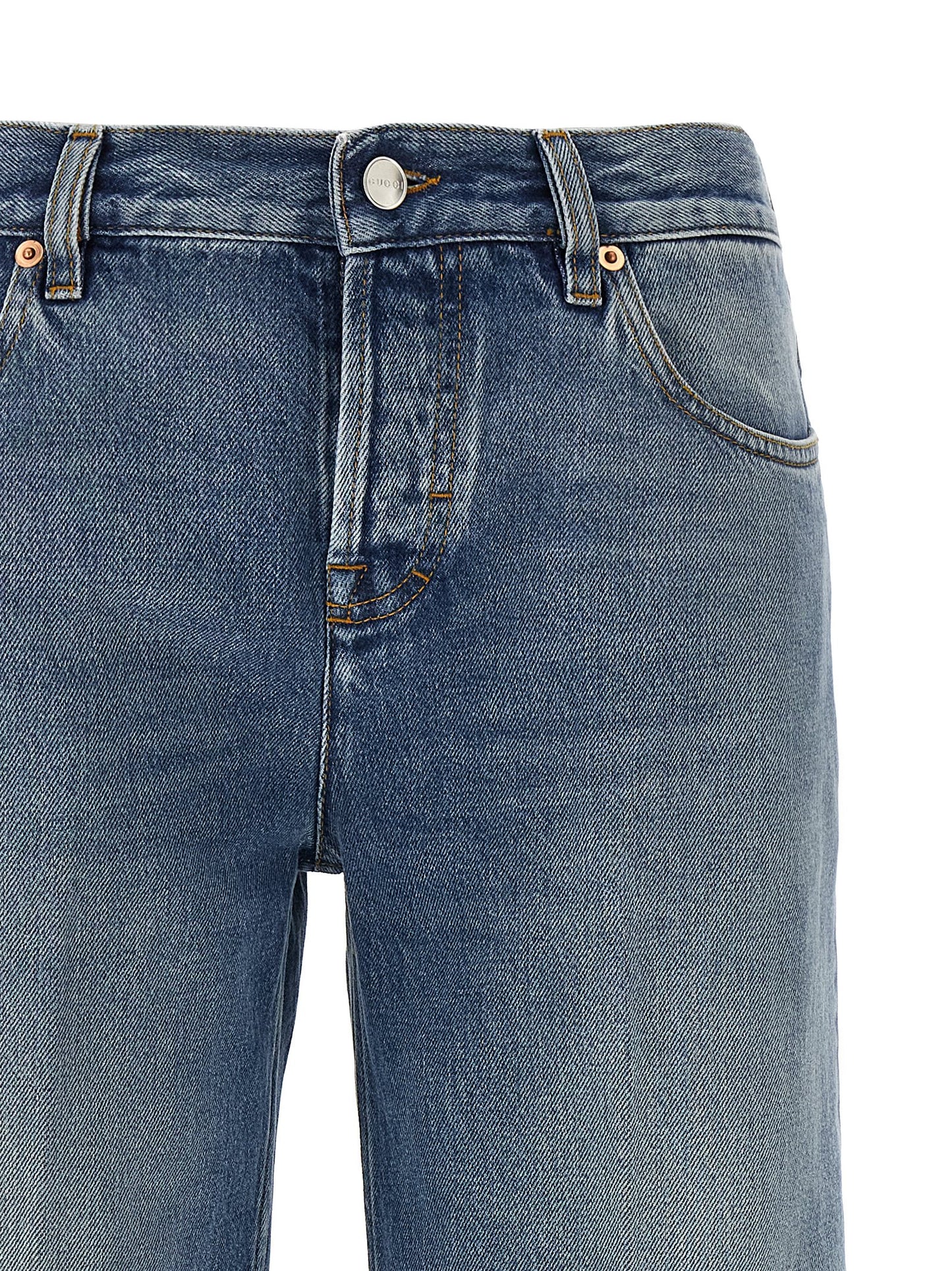 Jeans by Gucci for women in denim cotton light-blue, red & signature features an sophisticated and straight-leg with a precise long, creating a sophisticated and sophisticated silhouette.