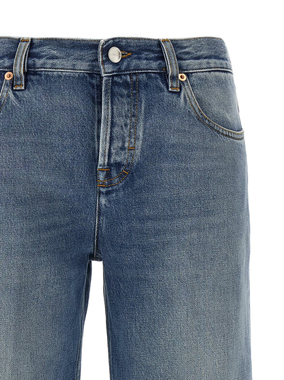 Jeans by Gucci for women in denim cotton light-blue, red & signature features an sophisticated and straight-leg with a precise long, creating a sophisticated and sophisticated silhouette.