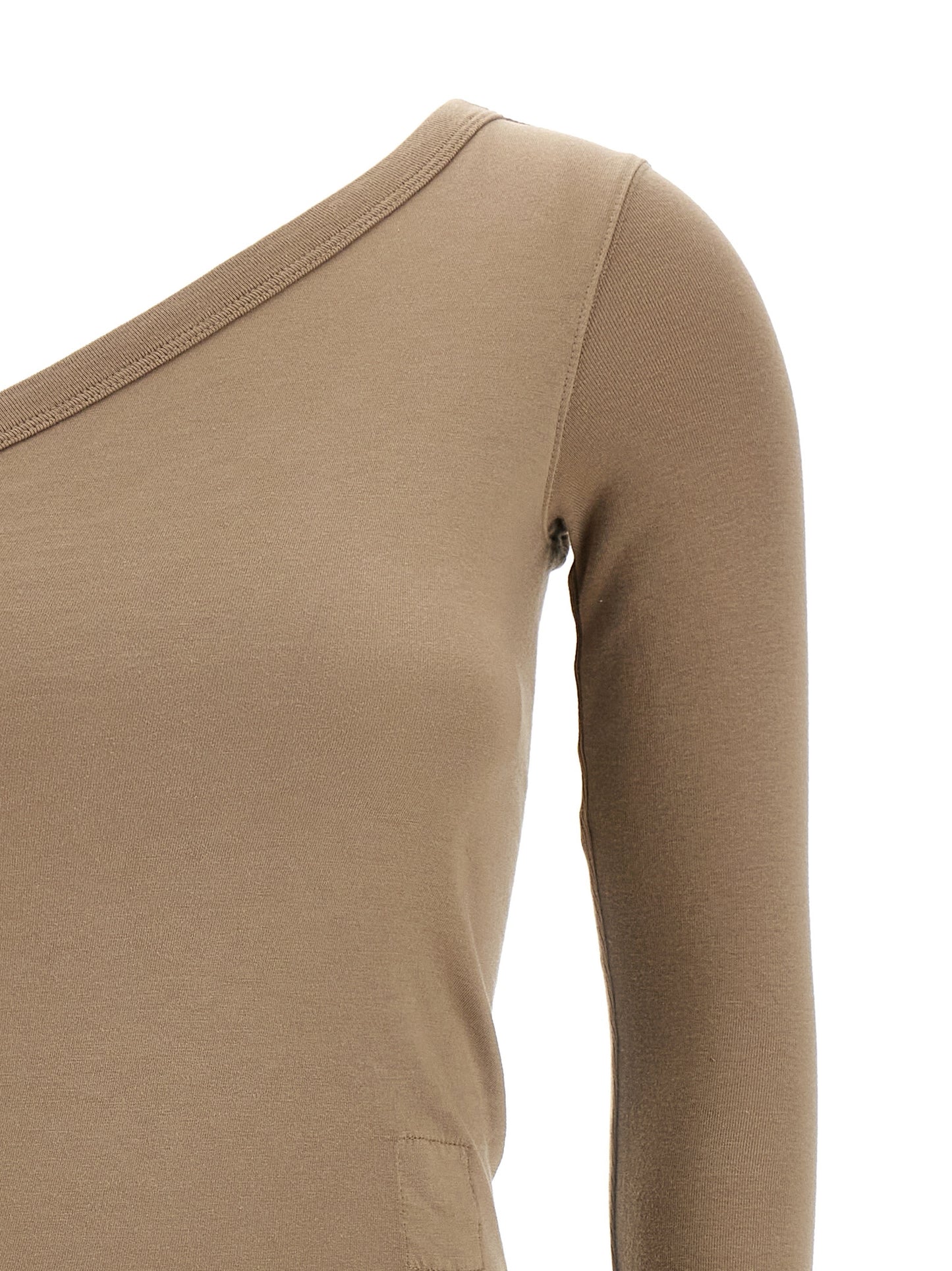 Shirt by DRKSHDW for women in cotton beige features an architectural silhouette with a refined and elegant asymmetric neckline for a architectural look.