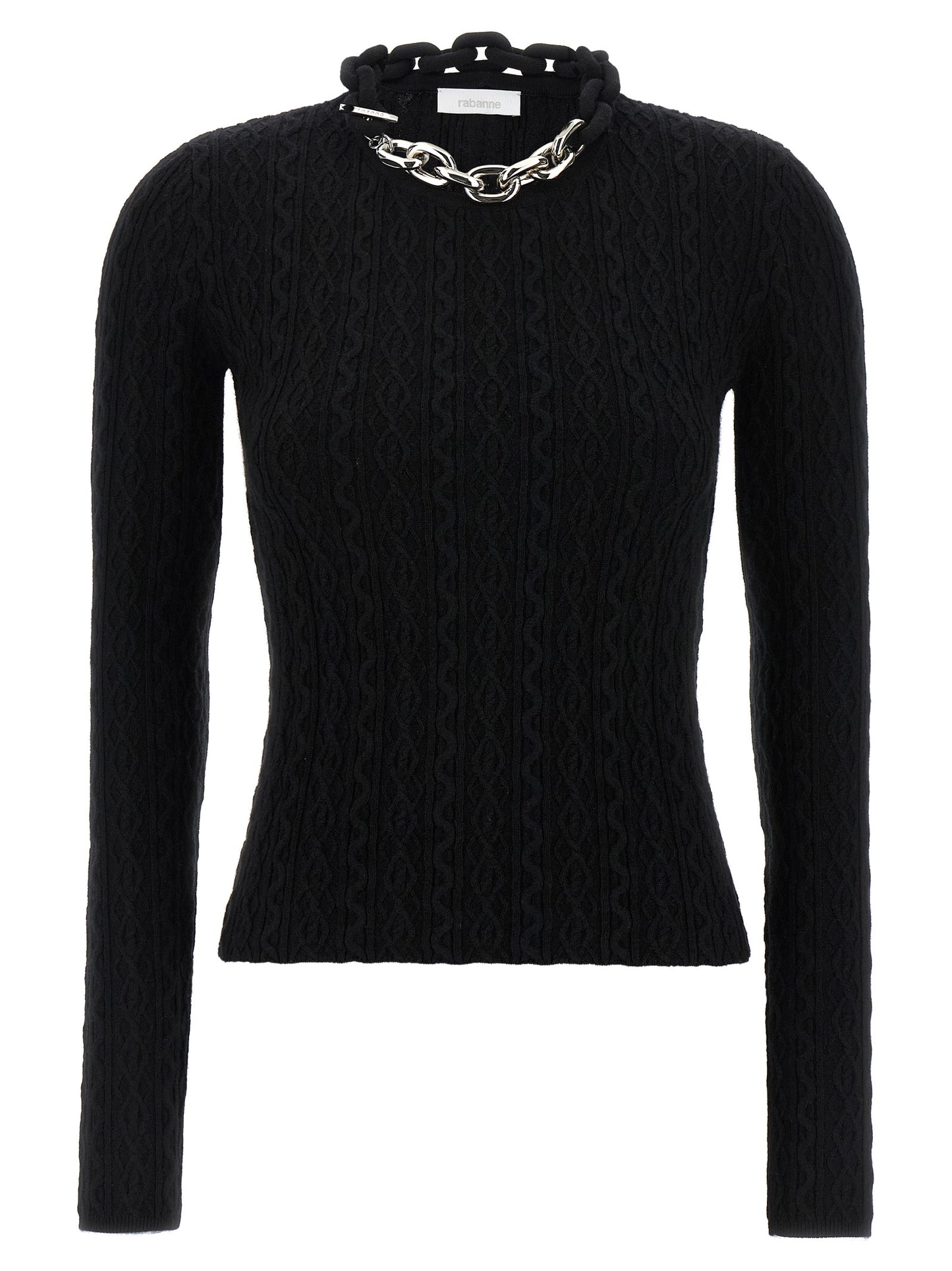 Cardigan by Paco Rabanne for women in cashmere wool black showcases a luxurious silhouette, meticulously detailed with a sophisticated crew neckline and long-sleeve for a refined finish.