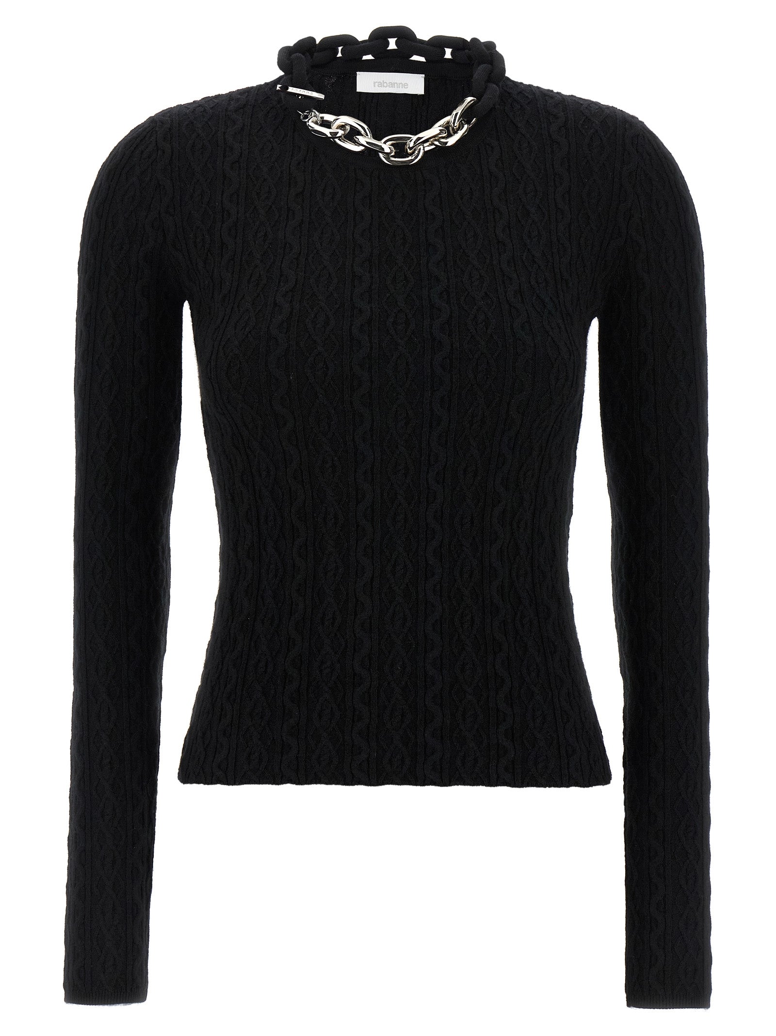 Cardigan by Paco Rabanne for women in cashmere wool black showcases a luxurious silhouette, meticulously detailed with a sophisticated crew neckline and long-sleeve for a refined finish.