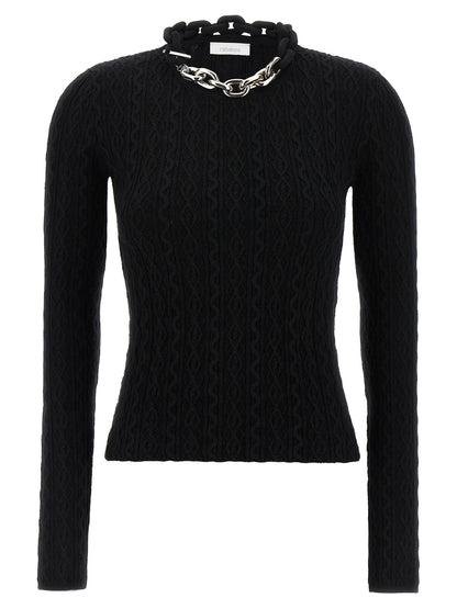 Cardigan by Paco Rabanne for women in cashmere wool black showcases a luxurious silhouette, meticulously detailed with a sophisticated crew neckline and long-sleeve for a refined finish.