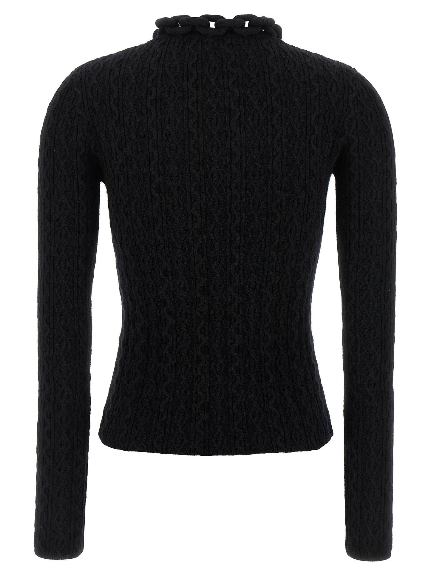 Cardigan by Paco Rabanne for women in cashmere wool black features a dramatic silhouette, showcasing a sophisticated crew neckline and dramatic detail for a timeless, premium look.