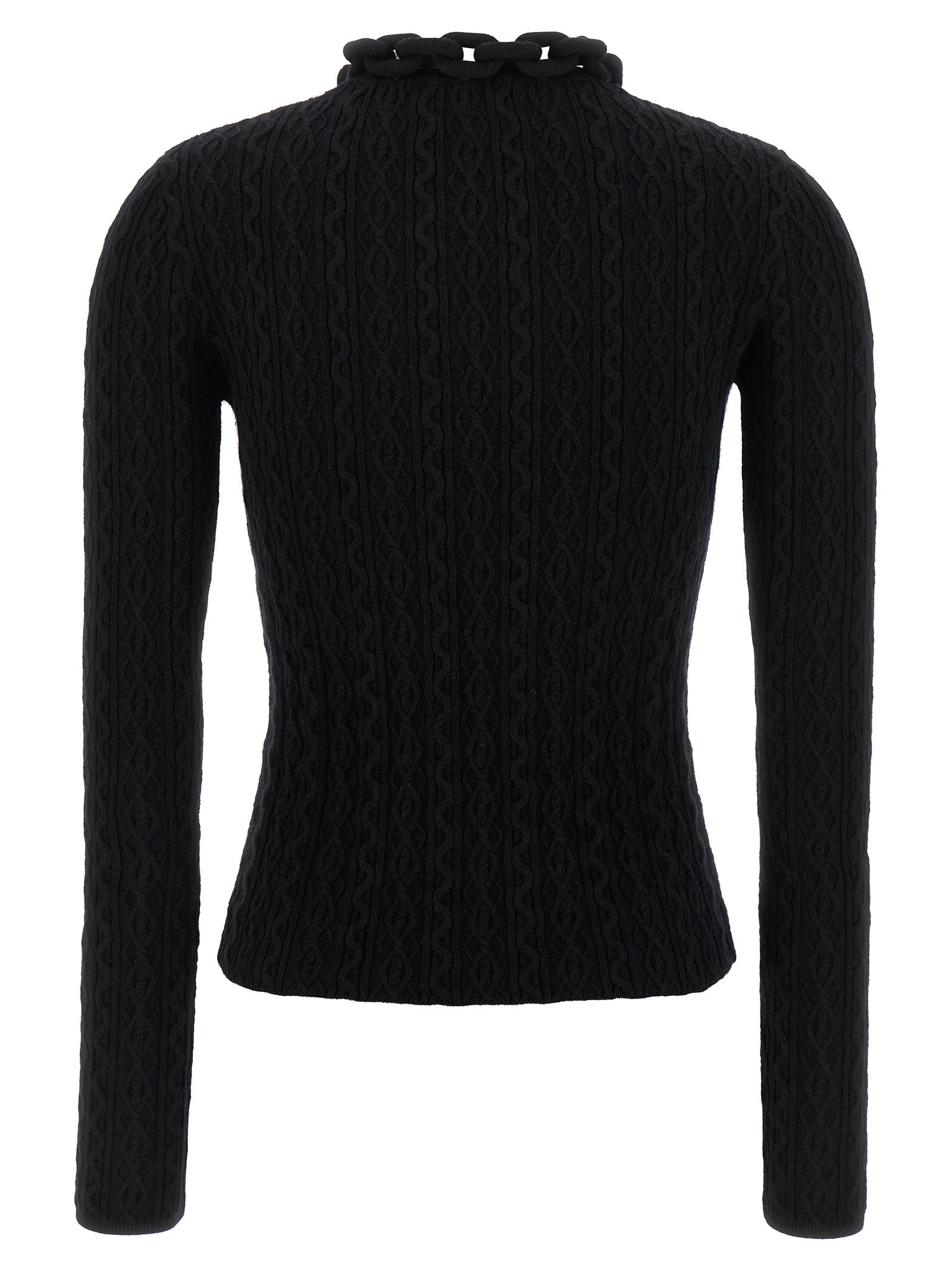 Cardigan by Paco Rabanne for women in cashmere wool black features a dramatic silhouette, showcasing a sophisticated crew neckline and dramatic detail for a timeless, premium look.