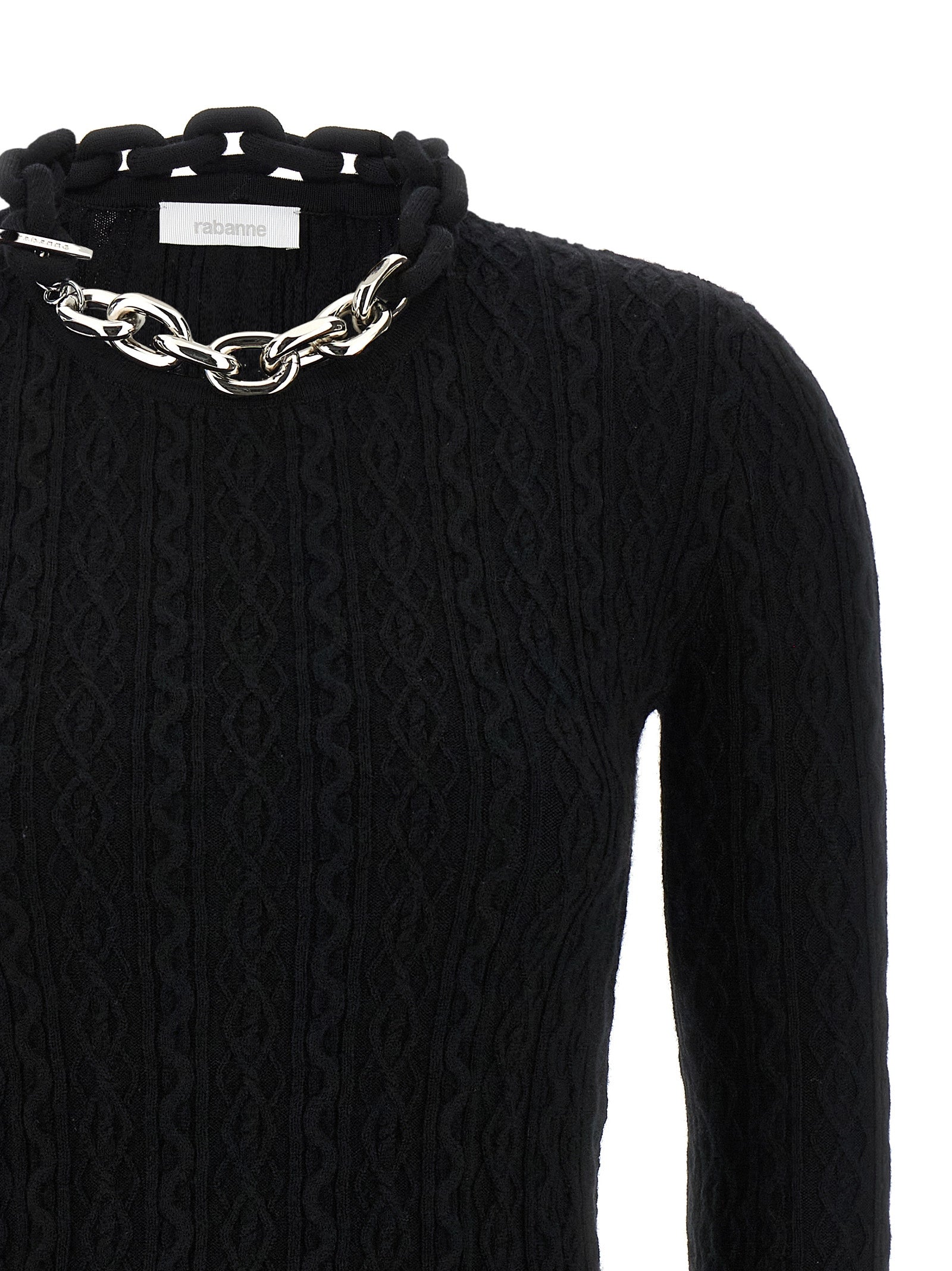 Cardigan by Paco Rabanne for women in cashmere wool black features a nuanced silhouette with a refined crew neckline and nuanced detailing for a sophisticated look.