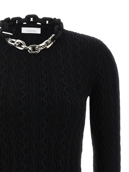 Cardigan by Paco Rabanne for women in cashmere wool black features a nuanced silhouette with a refined crew neckline and nuanced detailing for a sophisticated look.
