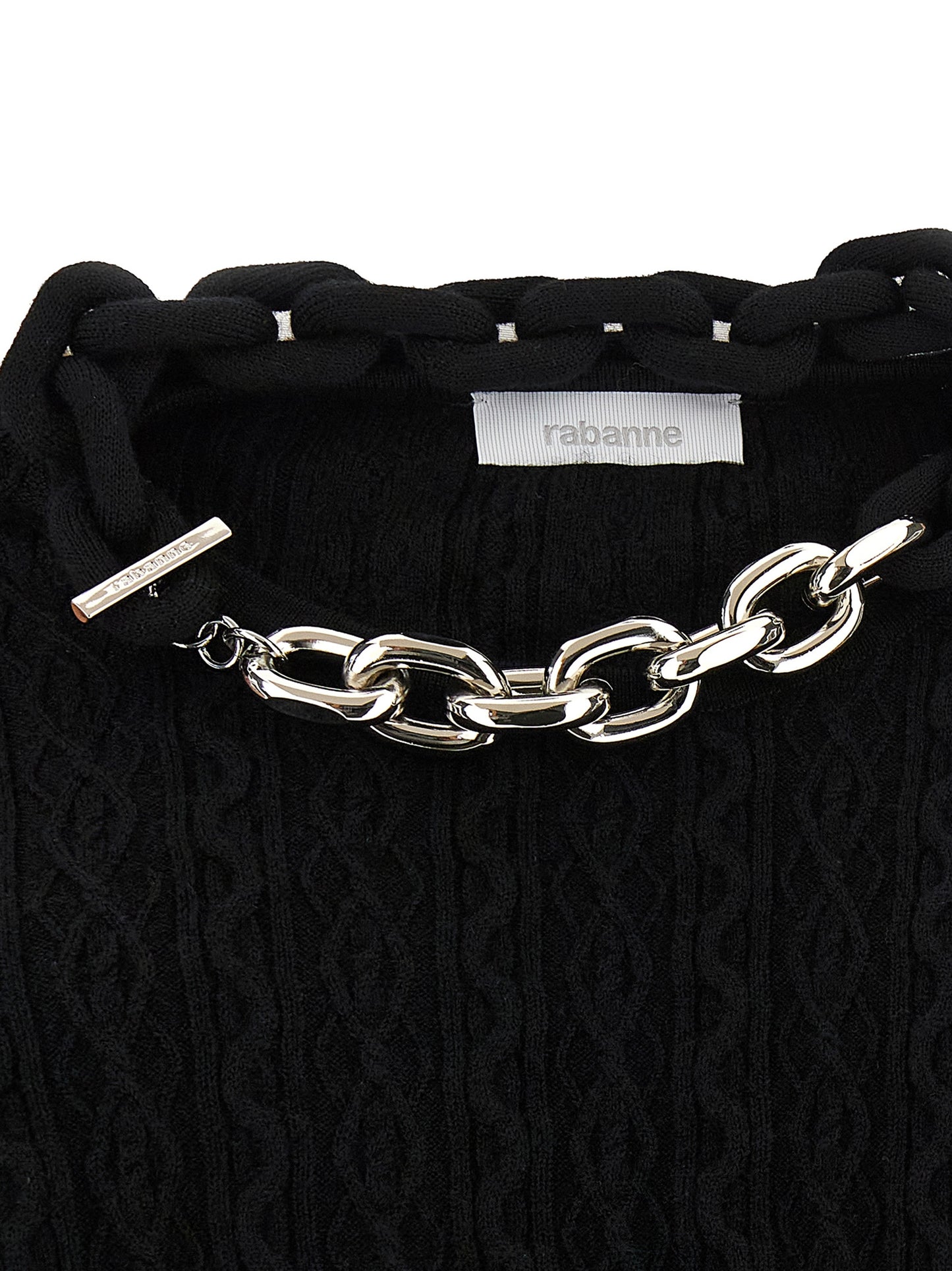 Cardigan by Paco Rabanne for women in cashmere wool black showcases a captivating silhouette, artfully detailed with a captivating and for a truly sophisticated captivating look.