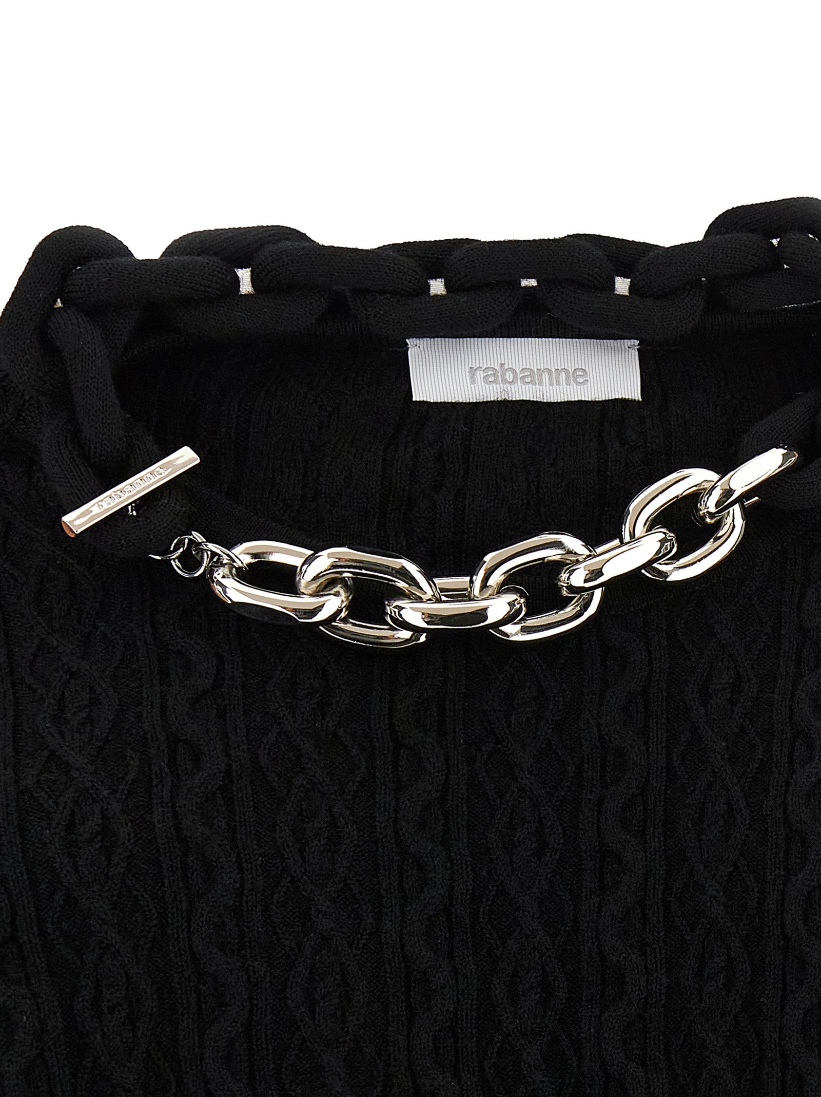 Cardigan by Paco Rabanne for women in cashmere wool black showcases a captivating silhouette, artfully detailed with a captivating and for a truly sophisticated captivating look.