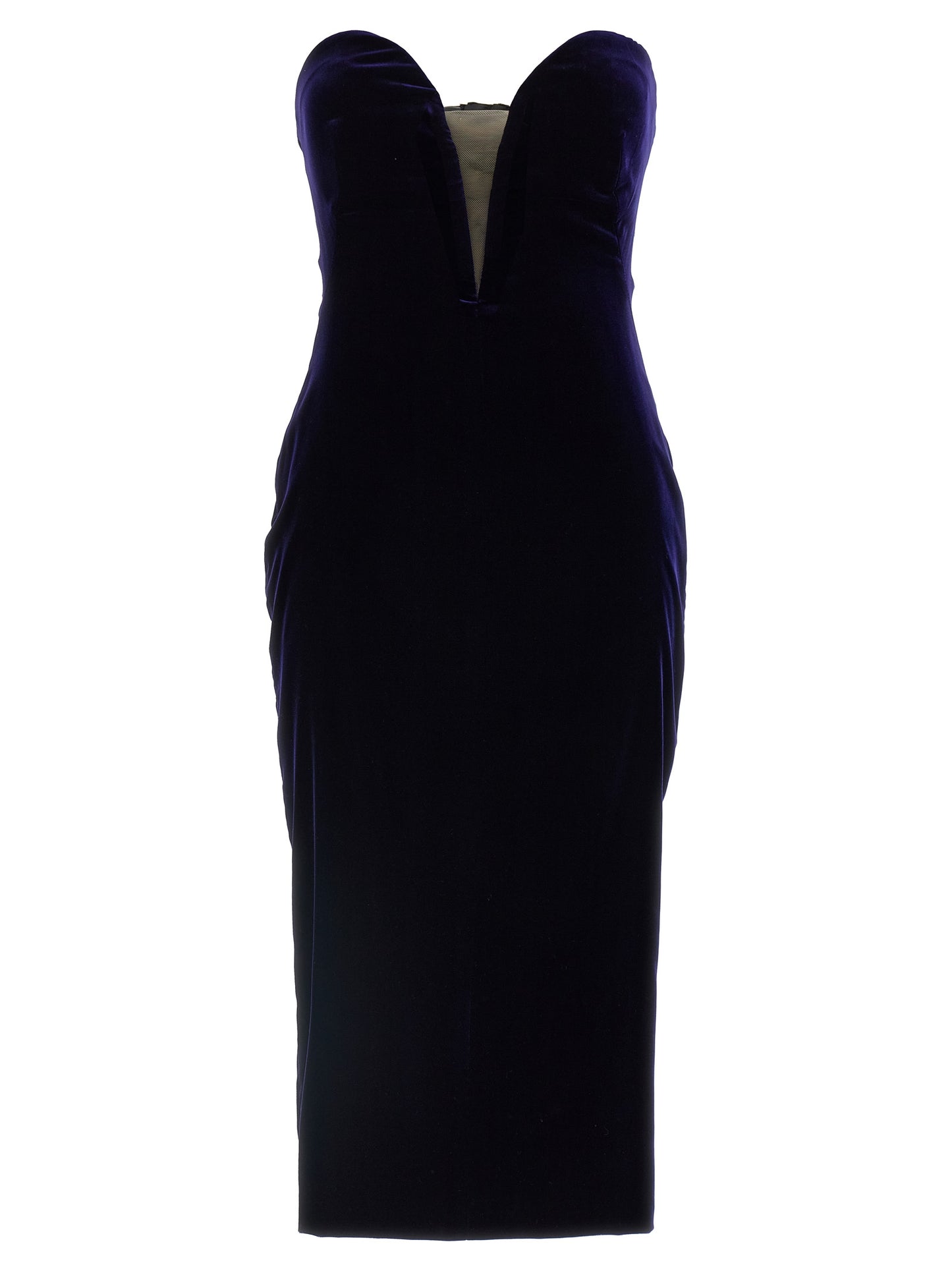 Dress by Tom Ford for women in viscose cupro velvet blue showcases a striking silhouette, elegantly detailed with a , refined split sweetheart neckline, and a striking midi for a striking finish.