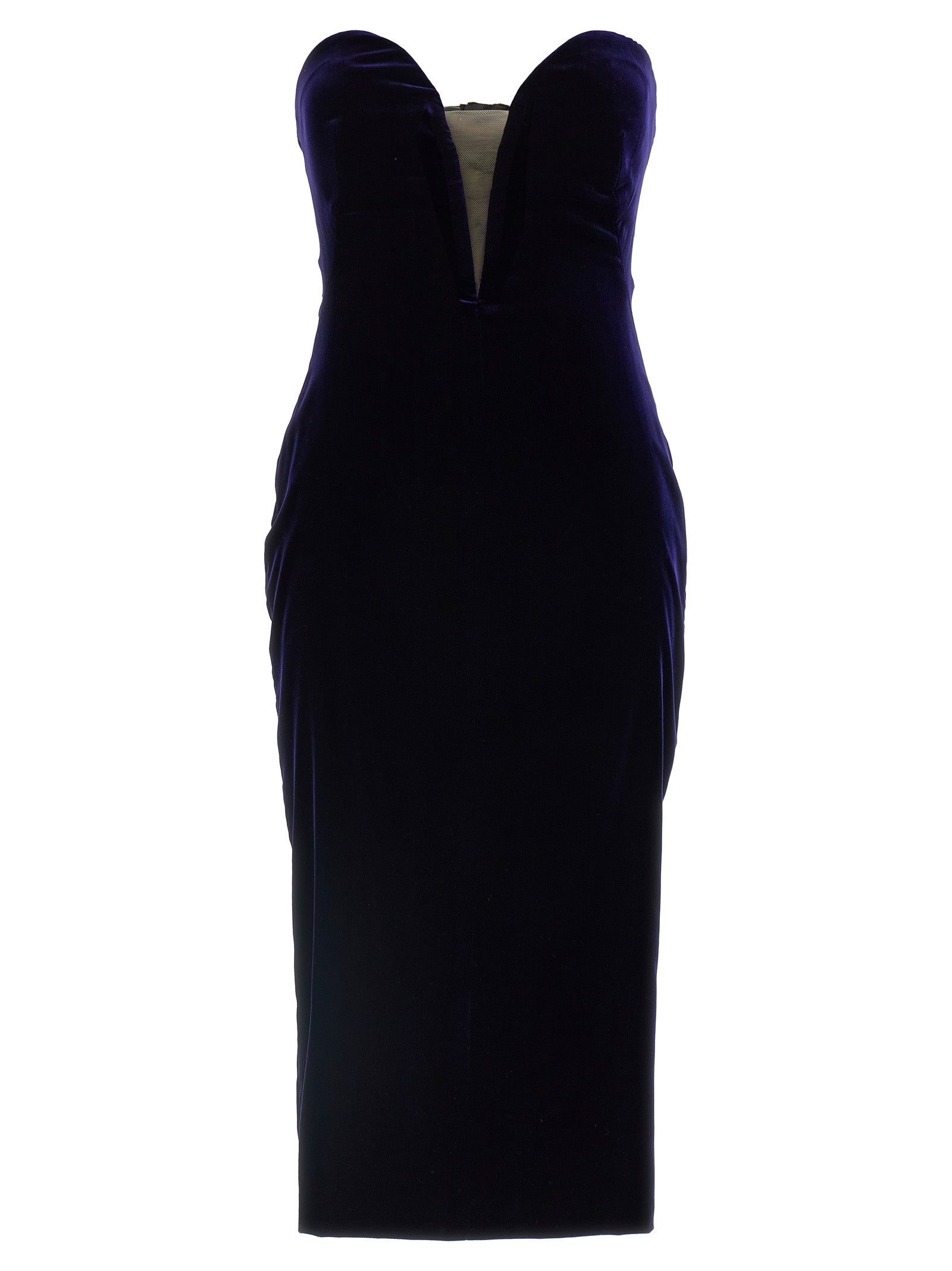 Dress by Tom Ford for women in viscose cupro velvet blue showcases a striking silhouette, elegantly detailed with a , refined split sweetheart neckline, and a striking midi for a striking finish.