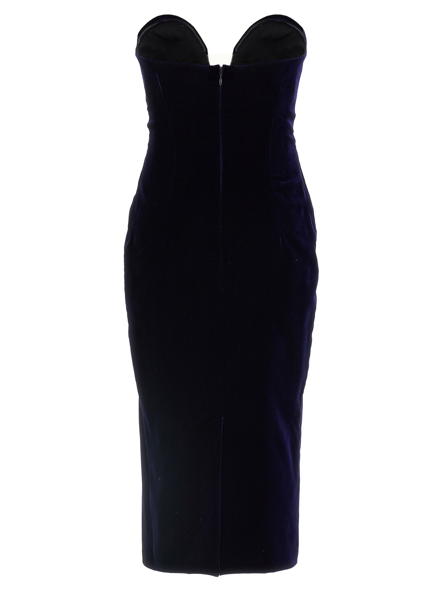 Dress by Tom Ford for women in viscose cupro velvet blue presents a sinuous silhouette, showcasing a sophisticated split sweetheart neckline and detailed with a sinuous midi for a refined finish.