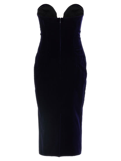 Dress by Tom Ford for women in viscose cupro velvet blue presents a sinuous silhouette, showcasing a sophisticated split sweetheart neckline and detailed with a sinuous midi for a refined finish.