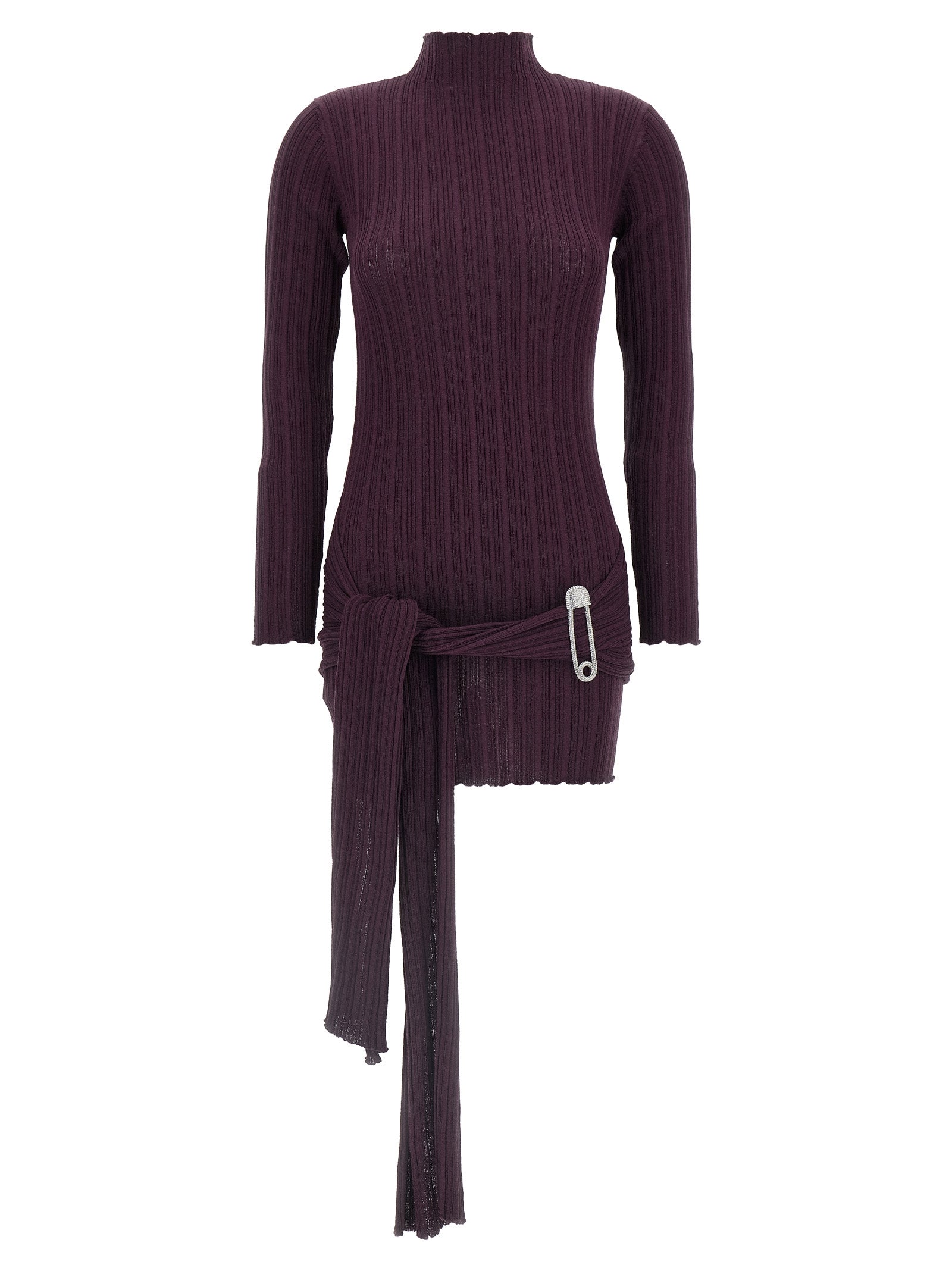 Dress by Giuseppe Di Morabito for women in polyamide merino wool acrylic purple features an eye catching silhouette with a sophisticated high-neck neckline, elegant long-sleeve, and a refined short mini for a eye catching aesthetic.
