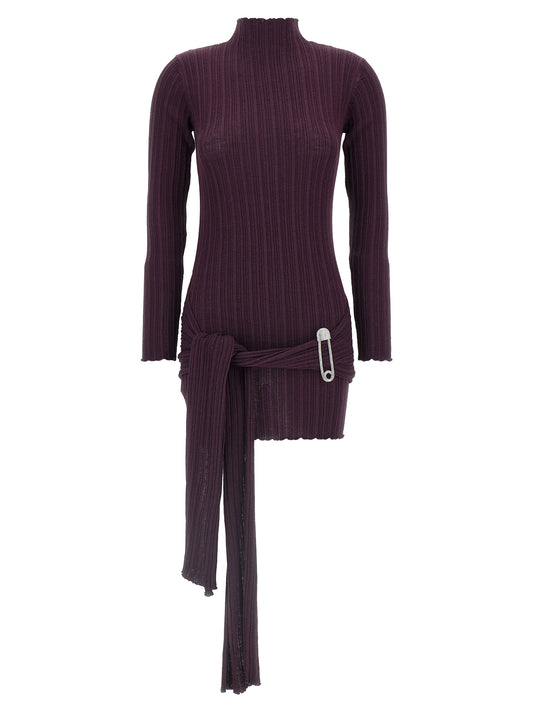 Dress by Giuseppe Di Morabito for women in polyamide merino wool acrylic purple features an eye catching silhouette with a sophisticated high-neck neckline, elegant long-sleeve, and a refined short mini for a eye catching aesthetic.