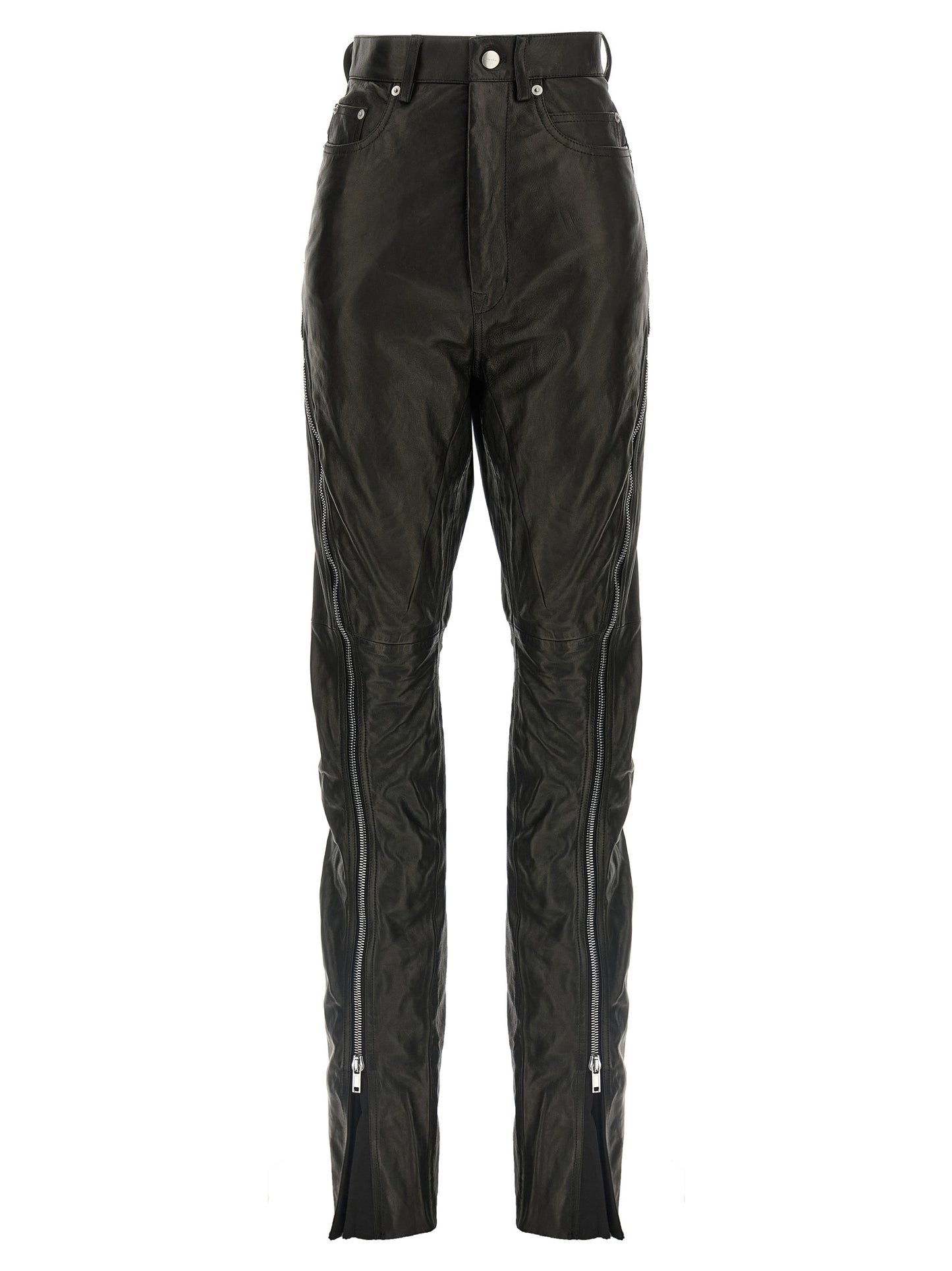 Pants by Rick Owens for women in leather black features an understated silhouette, showcasing a sophisticated and long with a refined high rise for an understated, polished aesthetic.