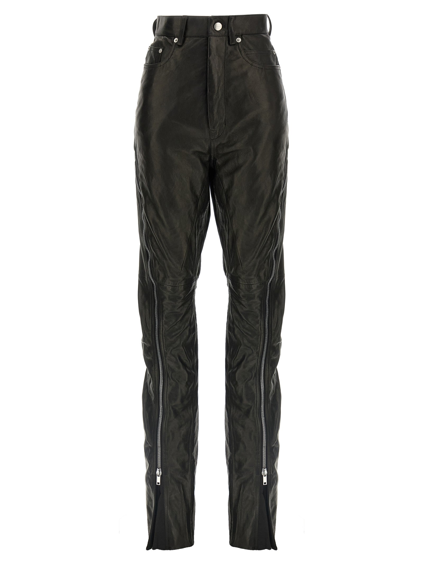 Pants by Rick Owens for women in leather black features an understated silhouette, showcasing a sophisticated and long with a refined high rise for an understated, polished aesthetic.