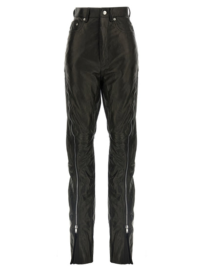 Pants by Rick Owens for women in leather black features an understated silhouette, showcasing a sophisticated and long with a refined high rise for an understated, polished aesthetic.