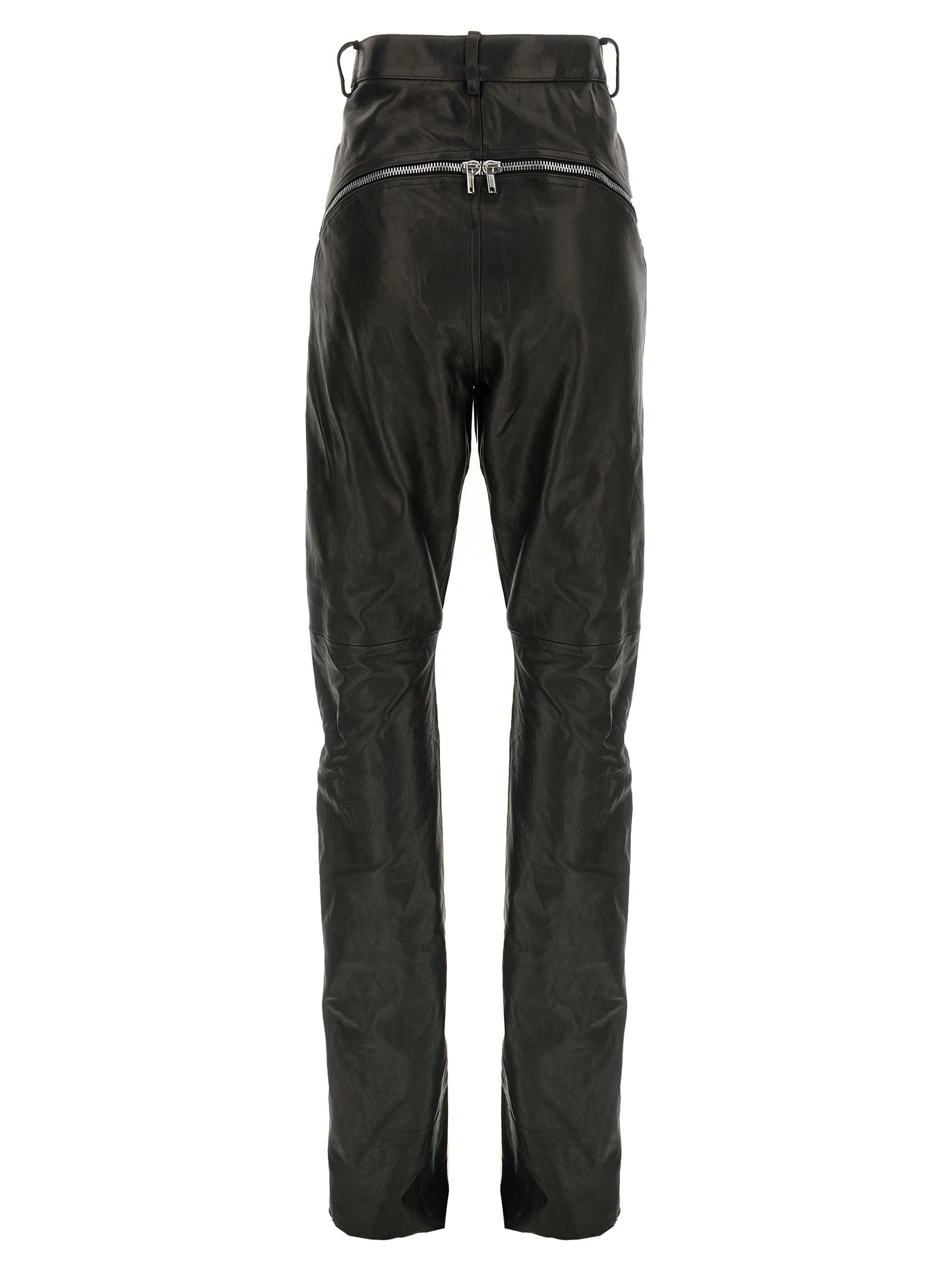 Pants by Rick Owens for women in leather black showcases a unrivaled comfort silhouette, featuring a cut and long with a high rise for a unrivaled comfort and refined aesthetic.
