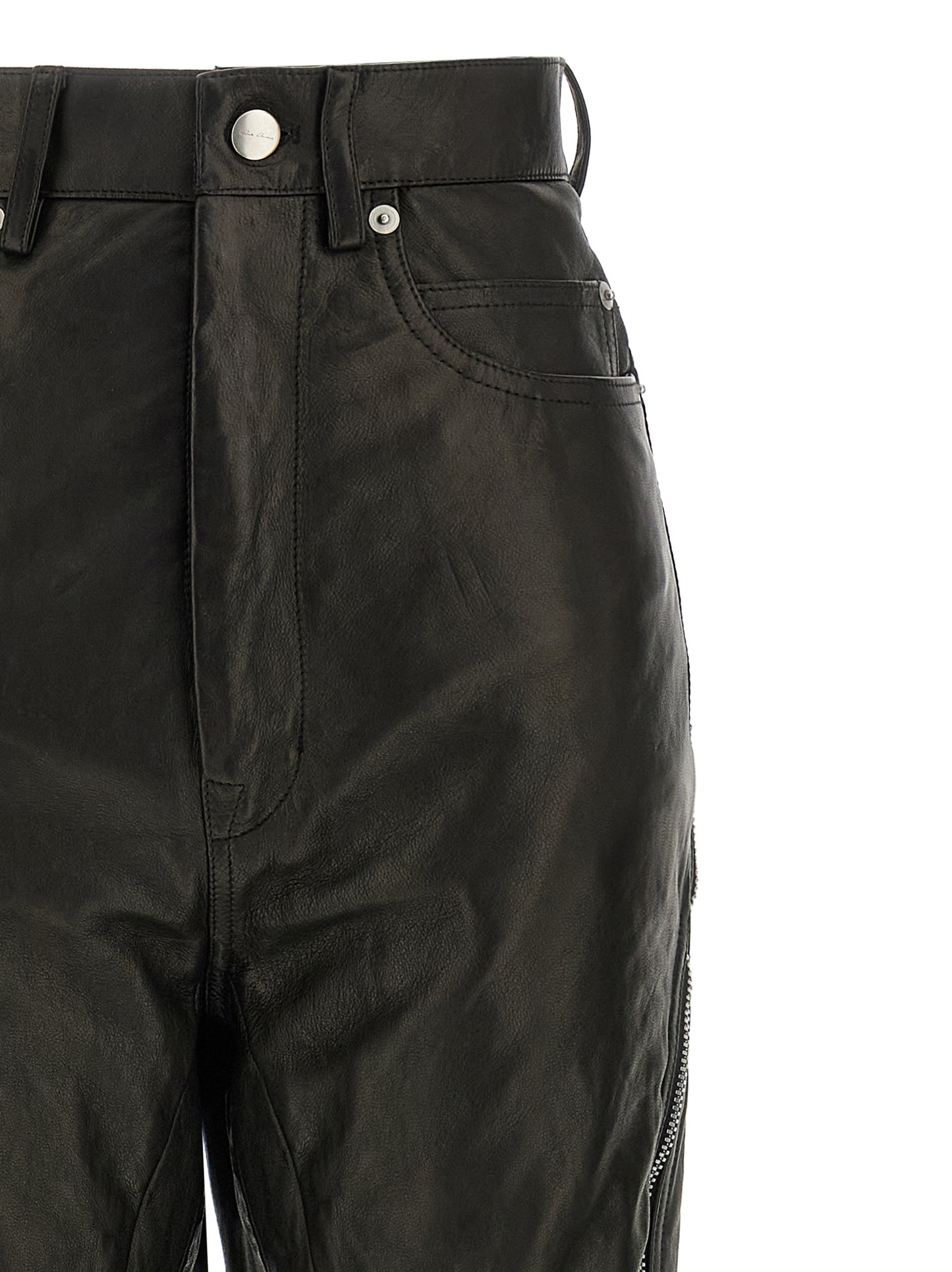 Pants by Rick Owens for women in leather black features a utilitarian with a utilitarian long and high rise to create a sophisticated, premium look.