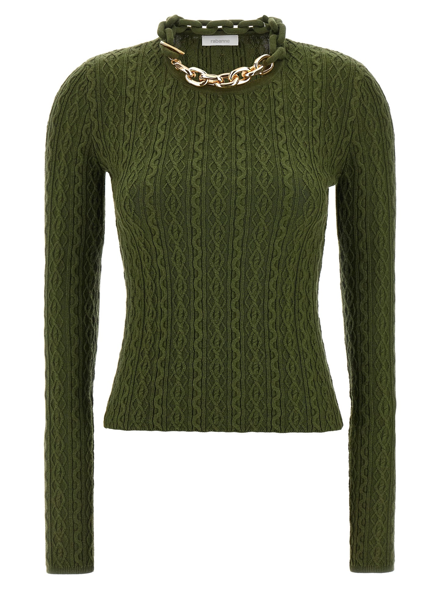 Cardigan by Paco Rabanne for women in cashmere wool bicolour, green & signature features an impeccable silhouette, showcasing a sophisticated and long-sleeve detail for a truly impeccable finish.