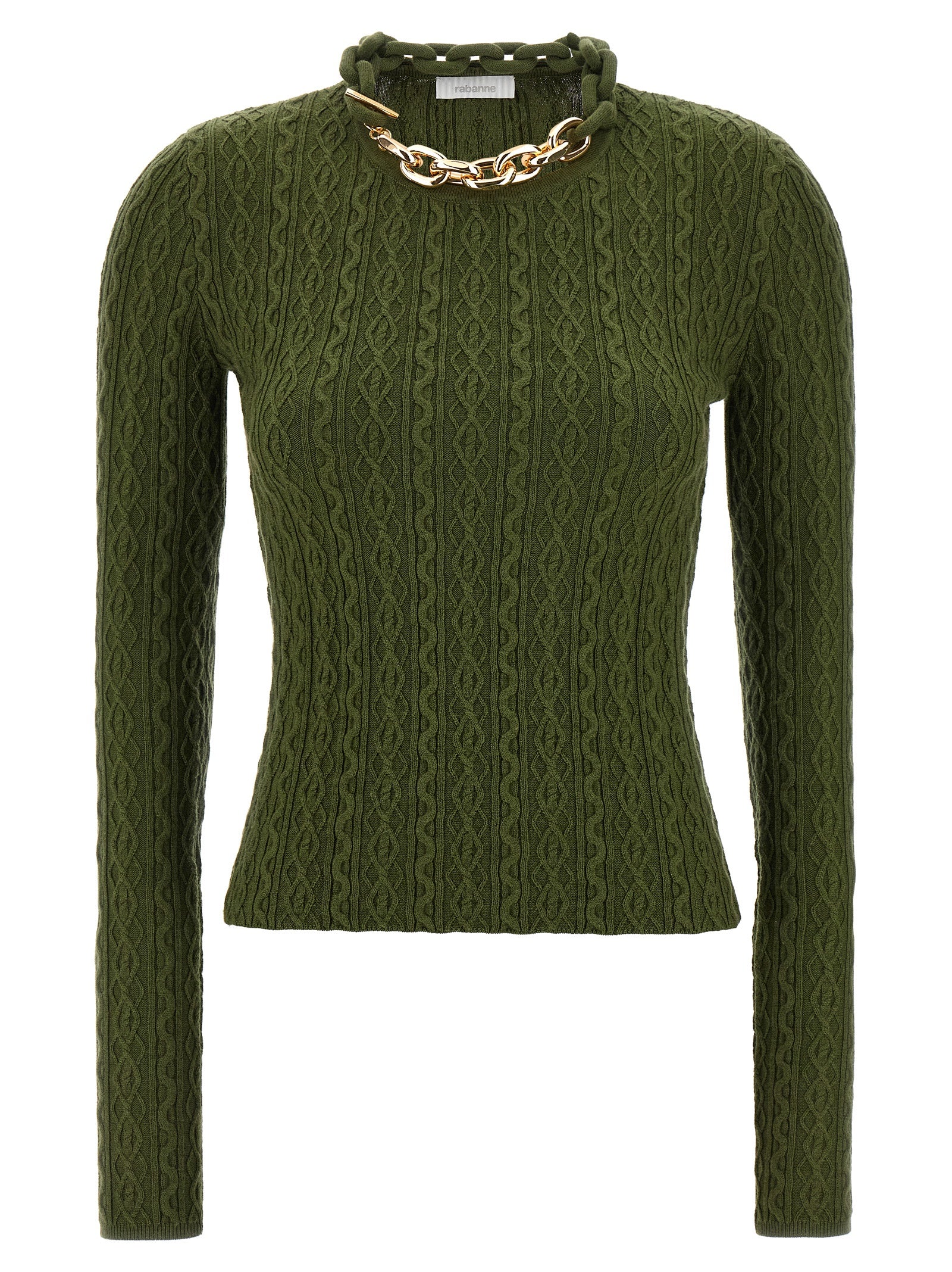 Cardigan by Paco Rabanne for women in cashmere wool bicolour, green & signature features an impeccable silhouette, showcasing a sophisticated and long-sleeve detail for a truly impeccable finish.