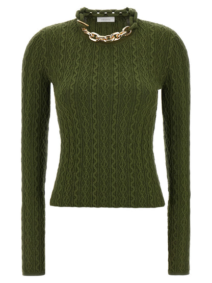 Cardigan by Paco Rabanne for women in cashmere wool bicolour, green & signature features an impeccable silhouette, showcasing a sophisticated and long-sleeve detail for a truly impeccable finish.