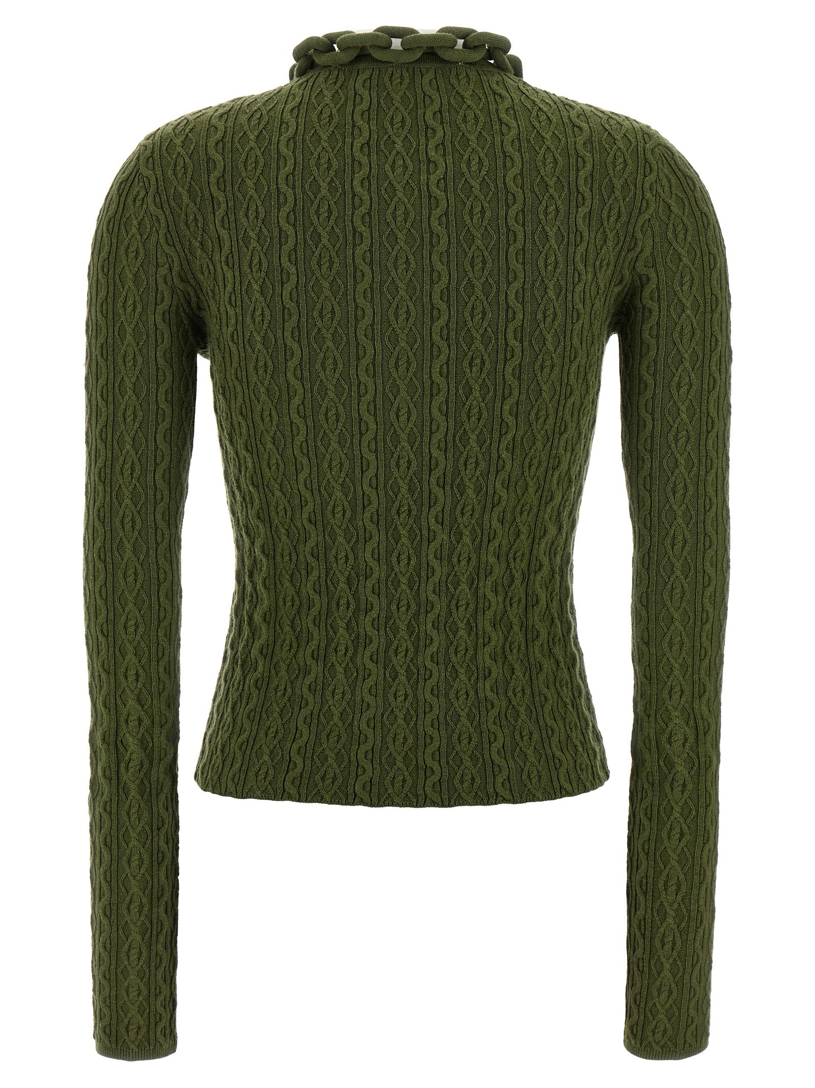 Cardigan by Paco Rabanne for women in cashmere wool bicolour, green & signature showcases a luxurious silhouette, meticulously detailed with a sophisticated and for a refined finish.