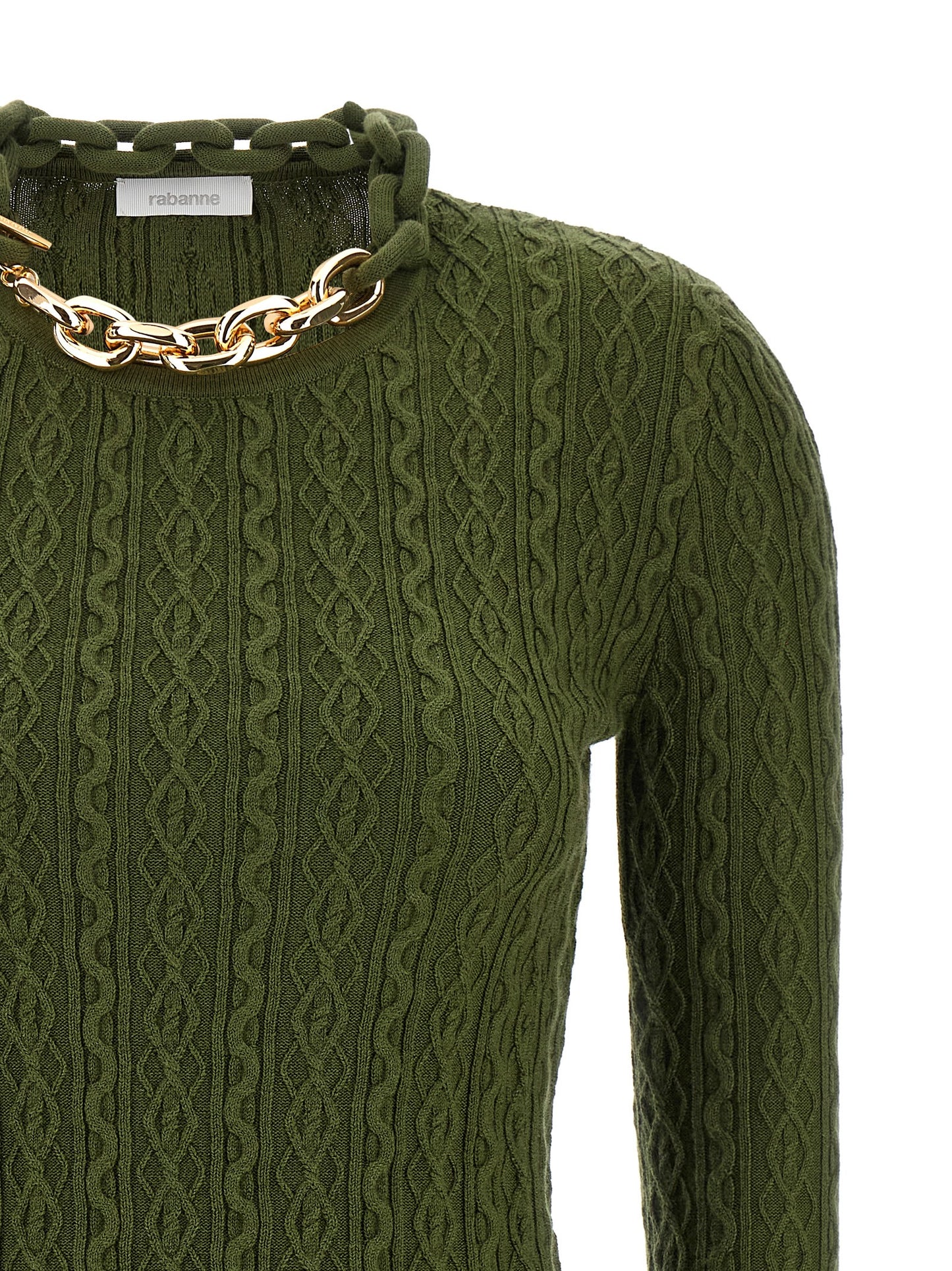 Cardigan by Paco Rabanne for women in cashmere wool bicolour, green & signature features a dramatic silhouette, showcasing a sophisticated and dramatic detail for a timeless, premium look.