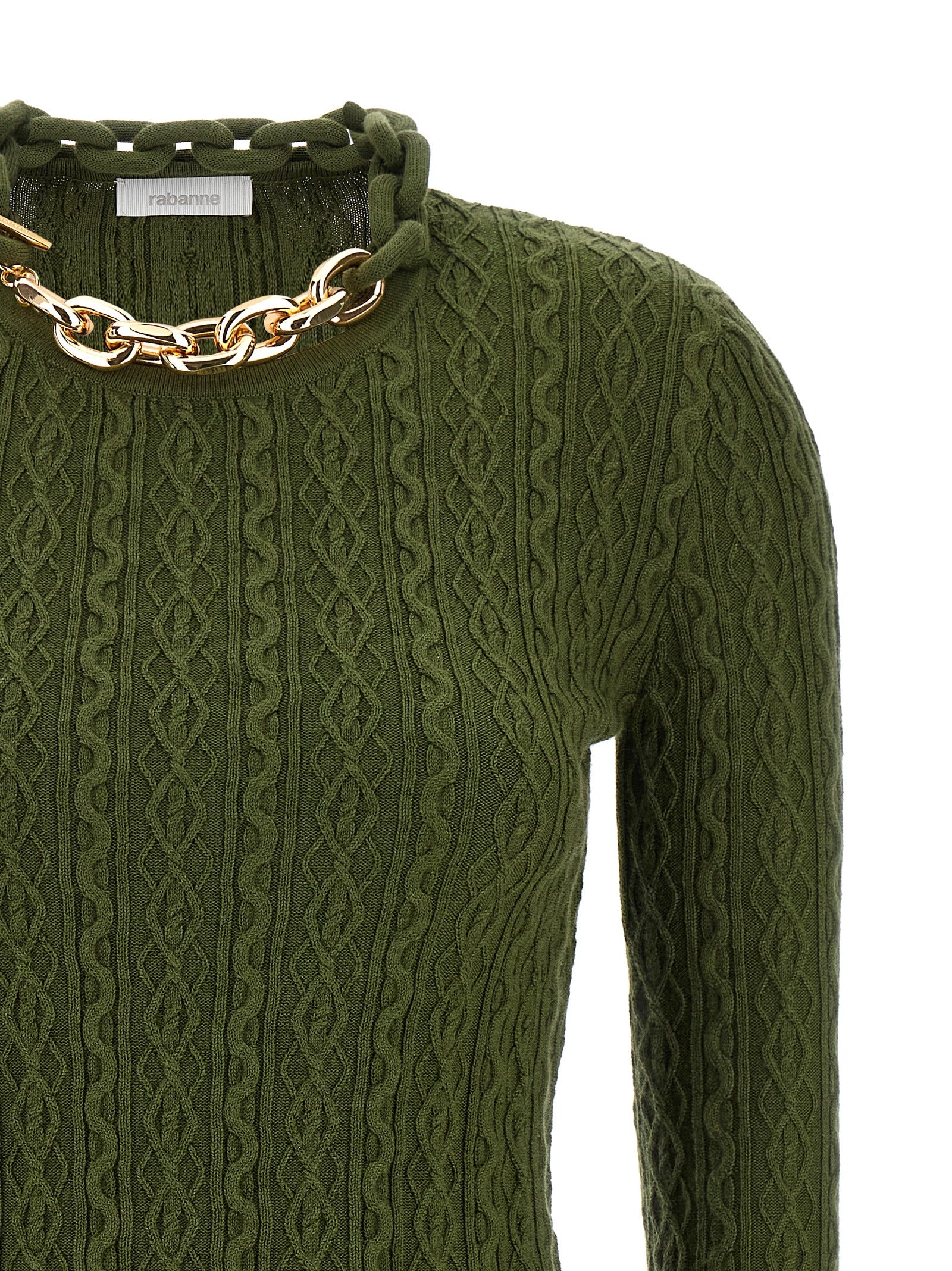 Cardigan by Paco Rabanne for women in cashmere wool bicolour, green & signature features a dramatic silhouette, showcasing a sophisticated and dramatic detail for a timeless, premium look.