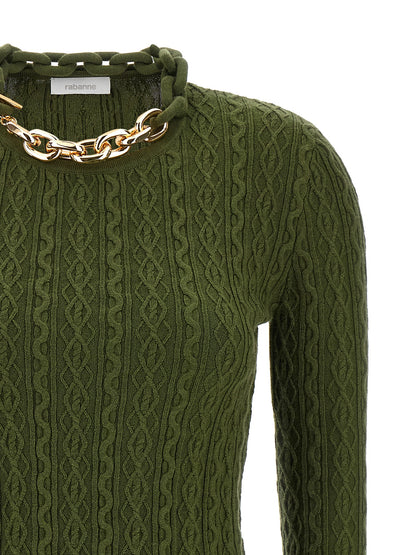 Cardigan by Paco Rabanne for women in cashmere wool bicolour, green & signature features a dramatic silhouette, showcasing a sophisticated and dramatic detail for a timeless, premium look.