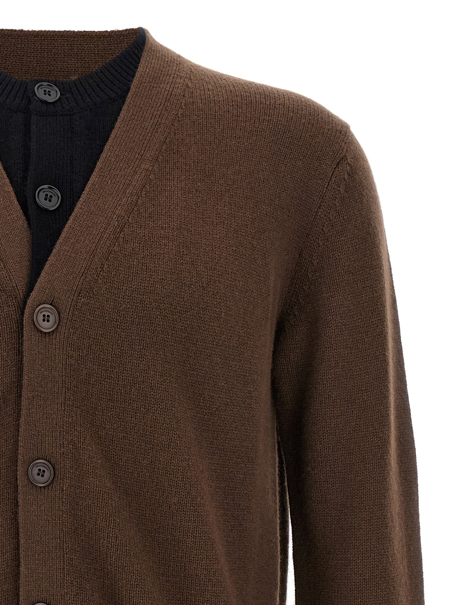 Cardigan by J.W.Anderson for men in cashmere brown features an impeccable silhouette, showcasing a sophisticated round v-neck neckline and detail for a truly impeccable finish.