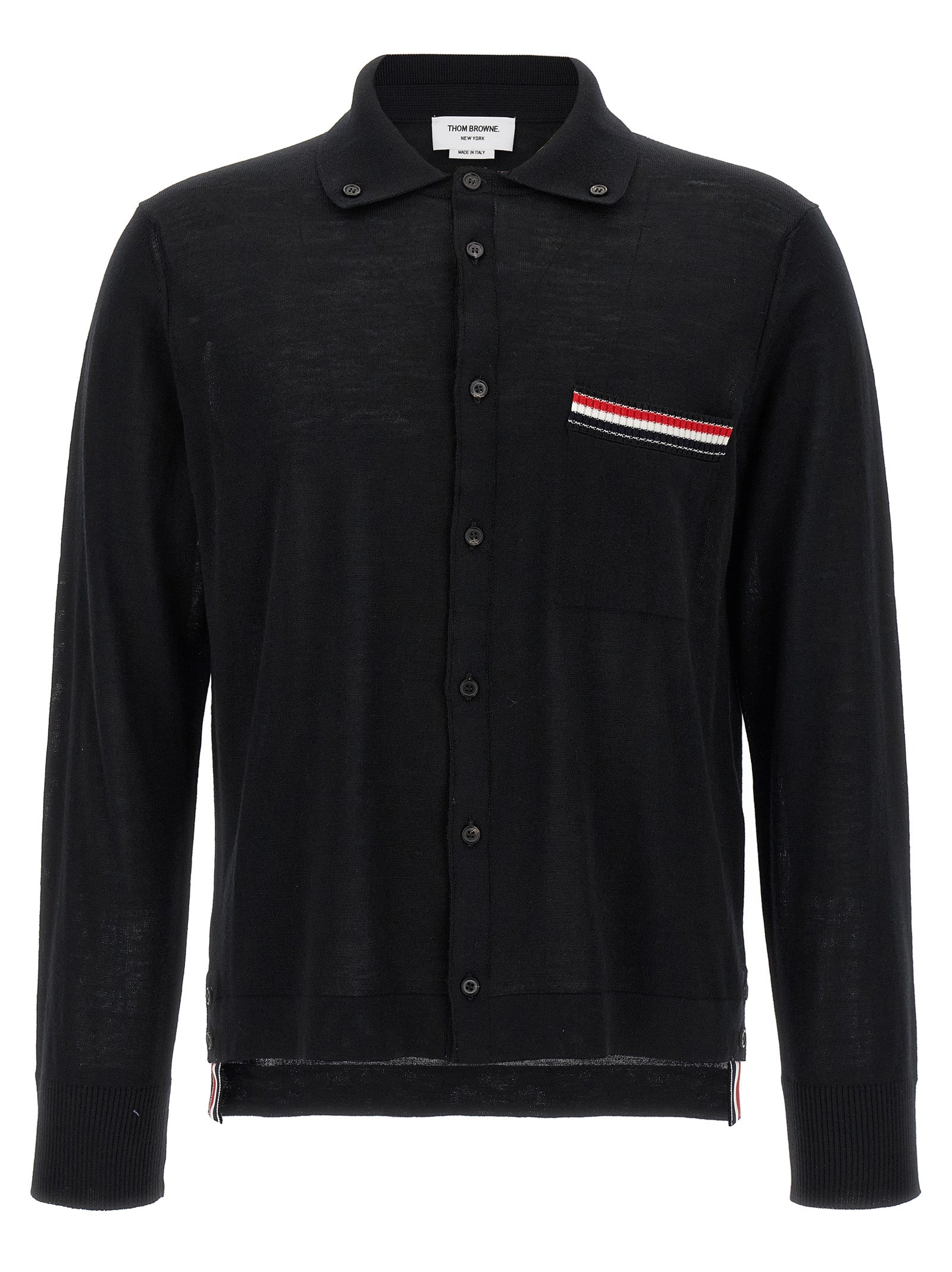 Cardigan by Thom Browne for men in virgin wool black & signature features a dramatic silhouette, showcasing a sophisticated shirt-collar neckline and dramatic long-sleeve detail for a timeless, premium look.