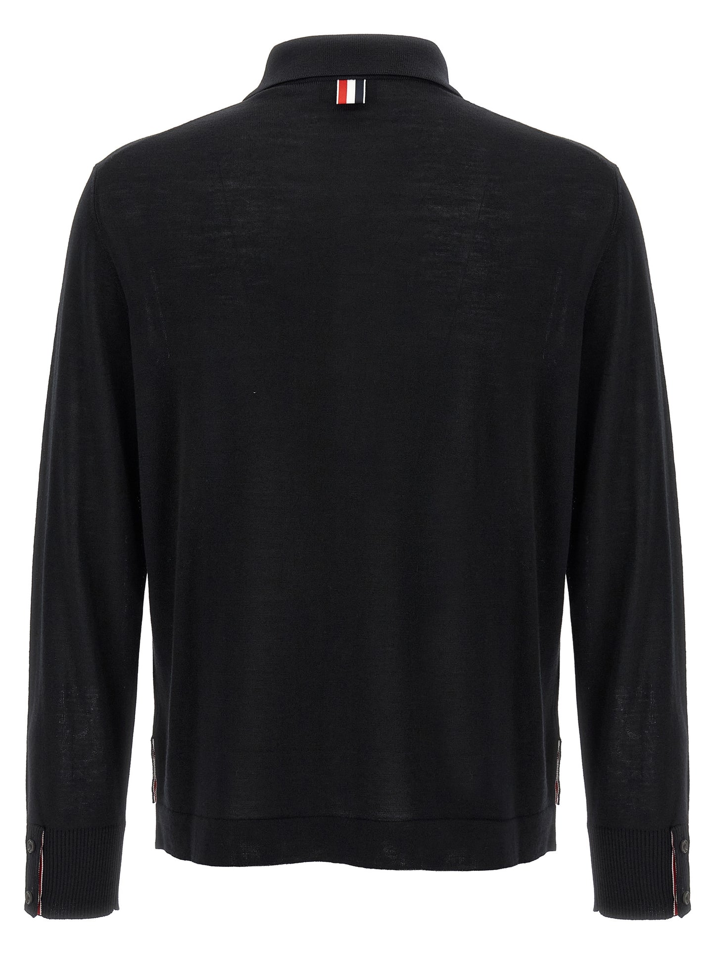 Cardigan by Thom Browne for men in virgin wool black & signature features a nuanced silhouette with a refined shirt-collar neckline and nuanced detailing for a sophisticated look.