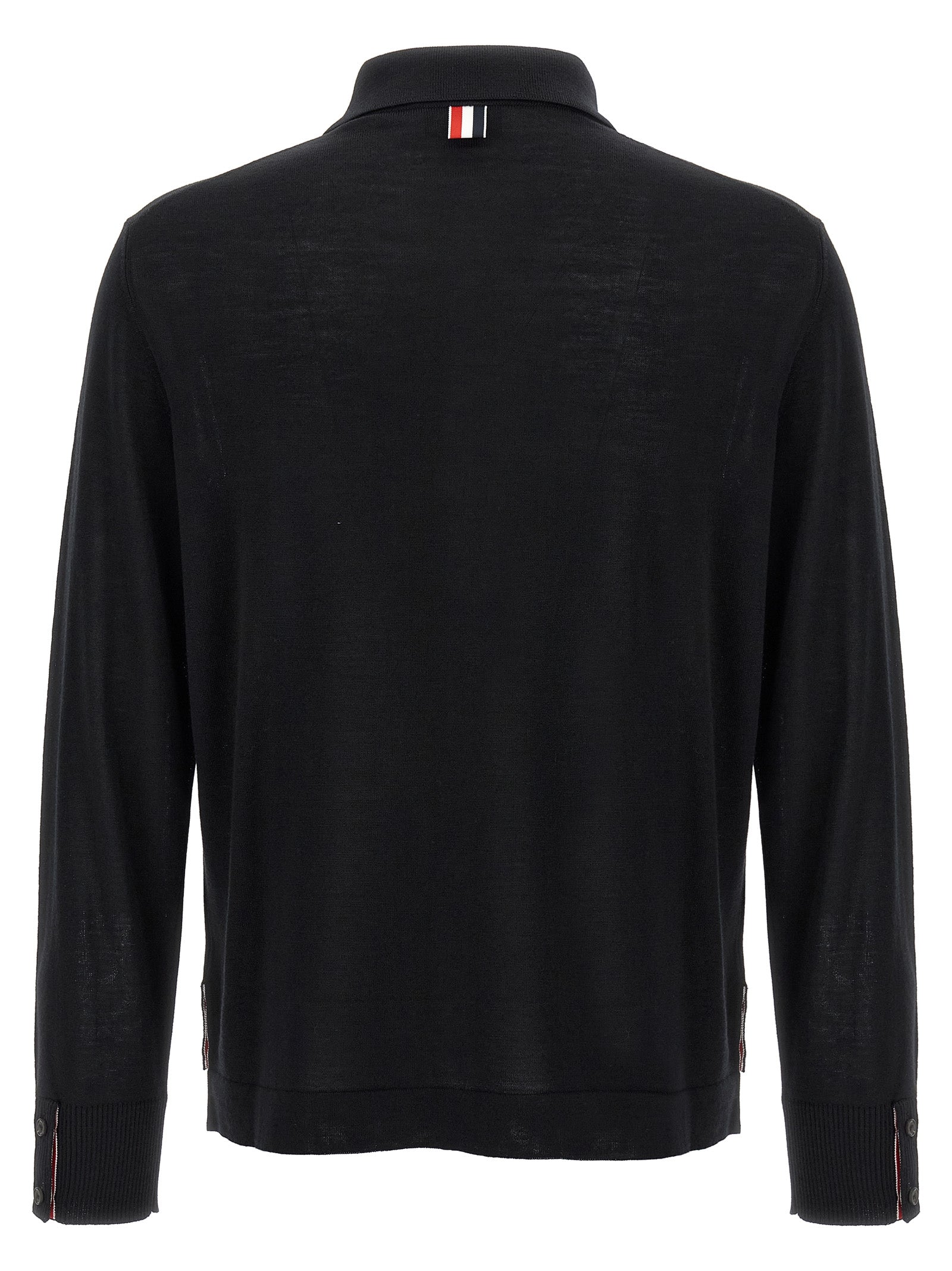 Cardigan by Thom Browne for men in virgin wool black & signature features a nuanced silhouette with a refined shirt-collar neckline and nuanced detailing for a sophisticated look.
