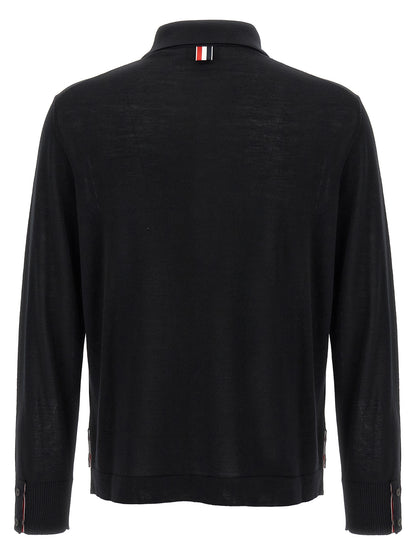 Cardigan by Thom Browne for men in virgin wool black & signature features a nuanced silhouette with a refined shirt-collar neckline and nuanced detailing for a sophisticated look.