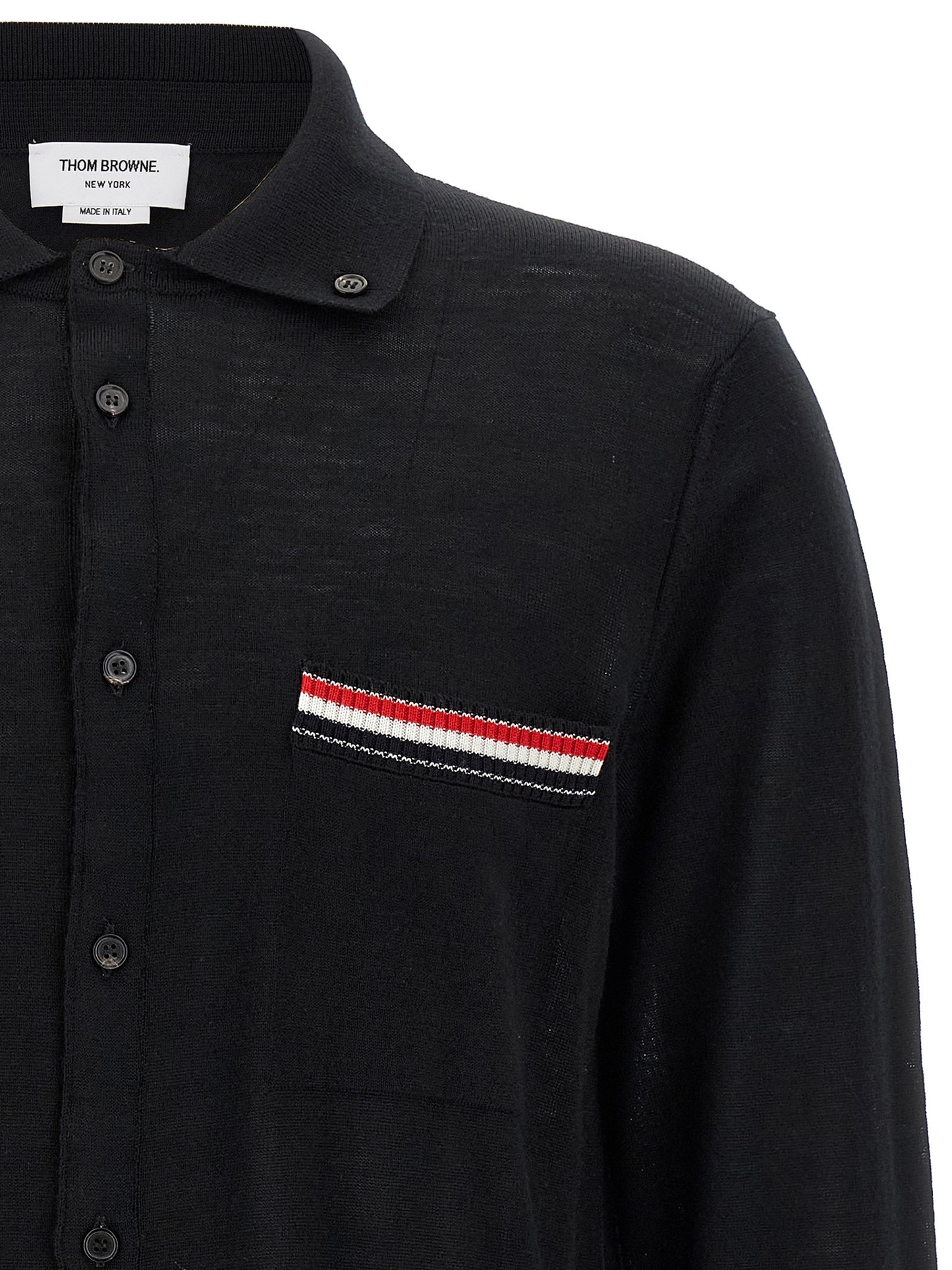 Cardigan by Thom Browne for men in virgin wool black & signature features a dramatic silhouette, showcasing a sophisticated shirt-collar neckline and dramatic detail for a timeless, premium look.