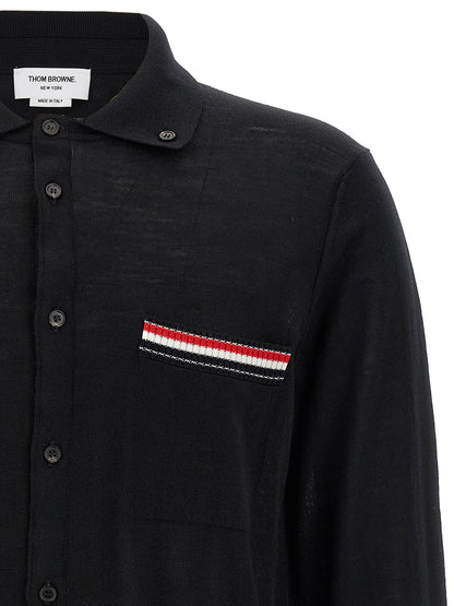Cardigan by Thom Browne for men in virgin wool black & signature features a dramatic silhouette, showcasing a sophisticated shirt-collar neckline and dramatic detail for a timeless, premium look.